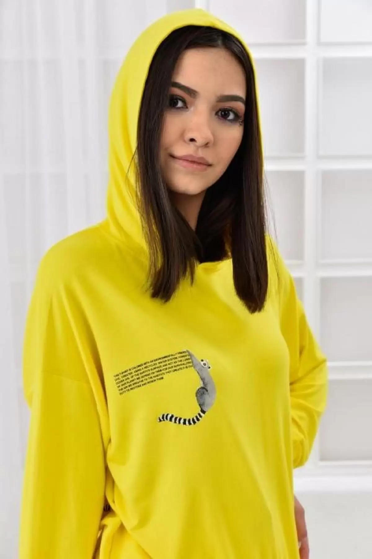 Kapüşonlu Nakış Detaylı Uzun Kollu Sarı Üçlü Kadın Eşofman Takım