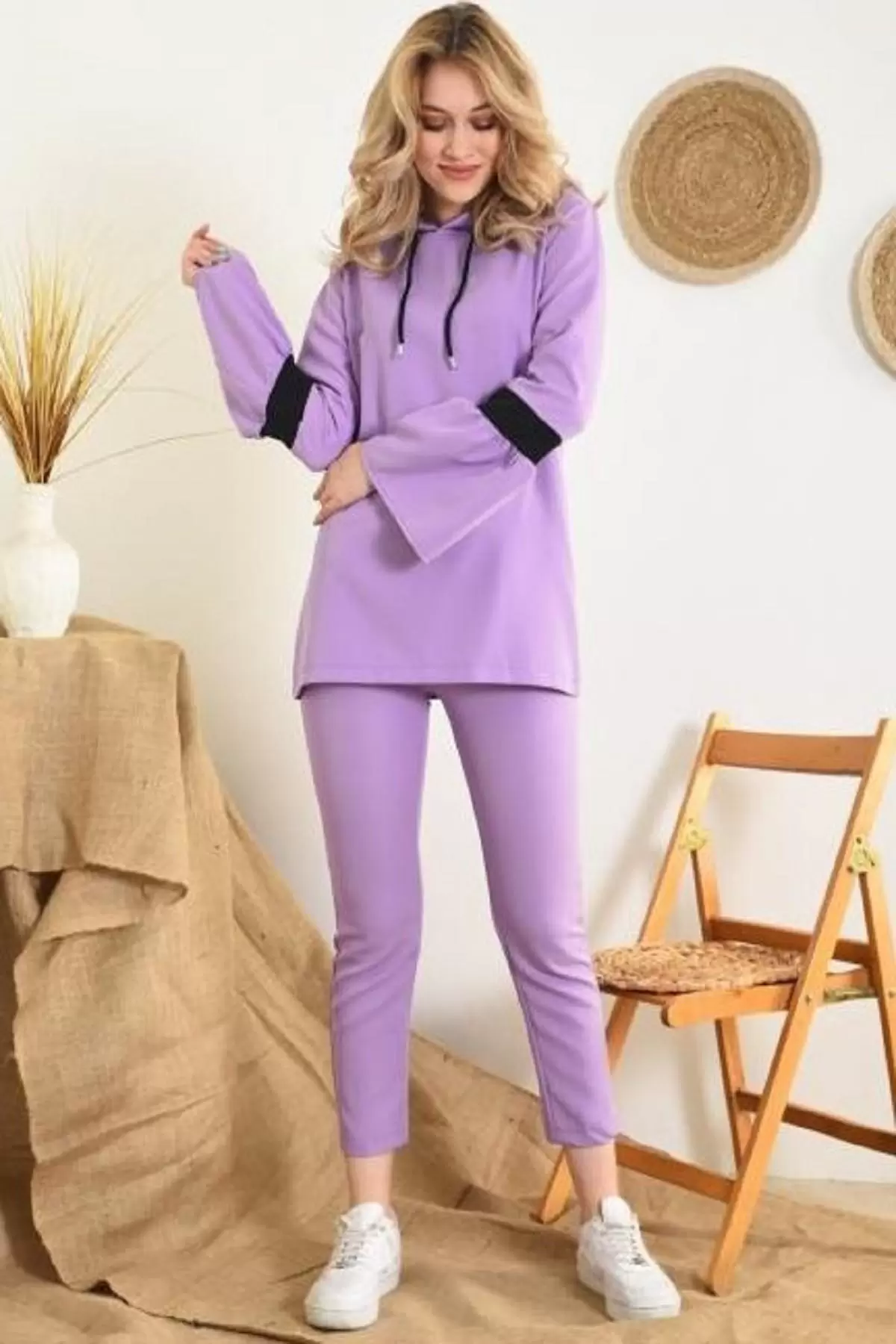 Kapüşonlu ve Bağcıklı Pile Kol Ağızlı Alt Üst Lila Kadın Eşofman Takım
