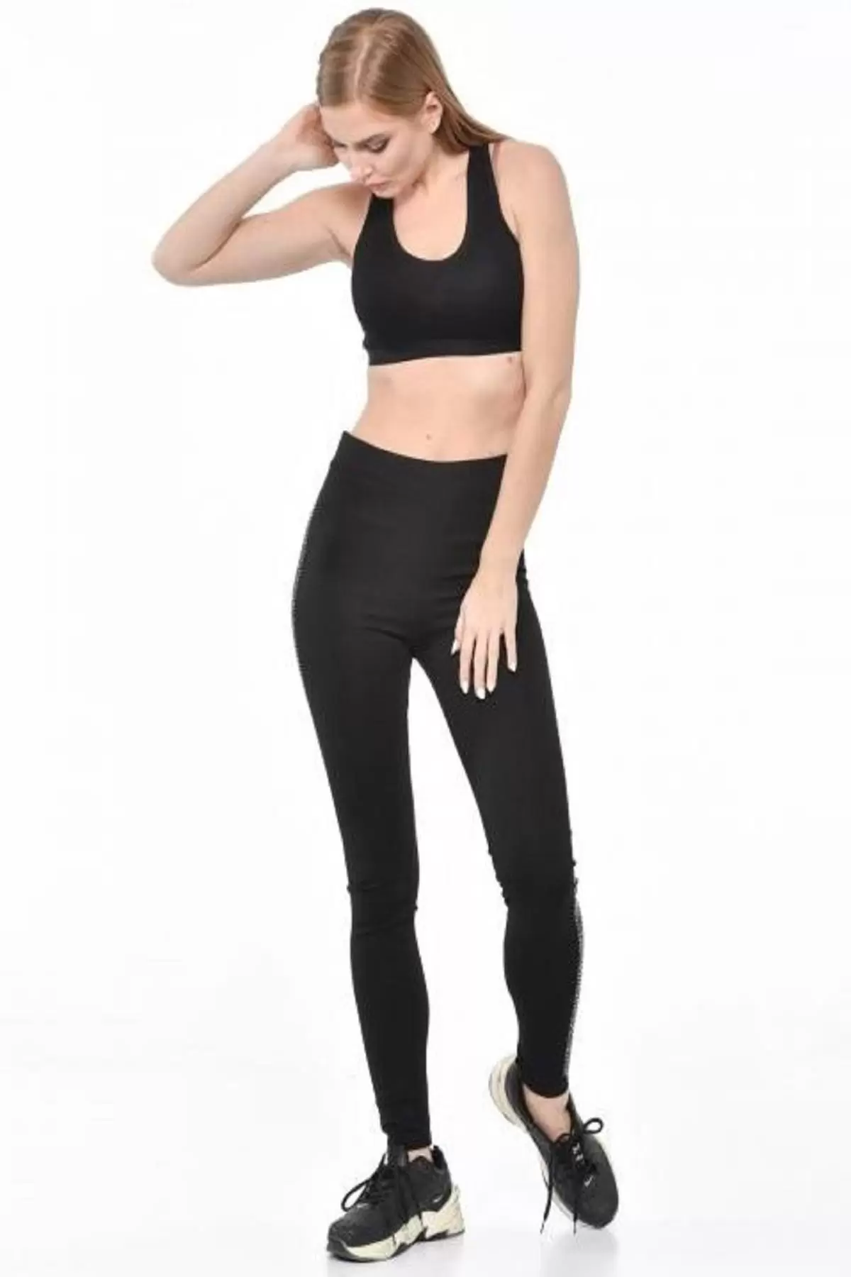 Kar Taneli Yandan Sıra Taş Dizinli Siyah Kadın Tayt