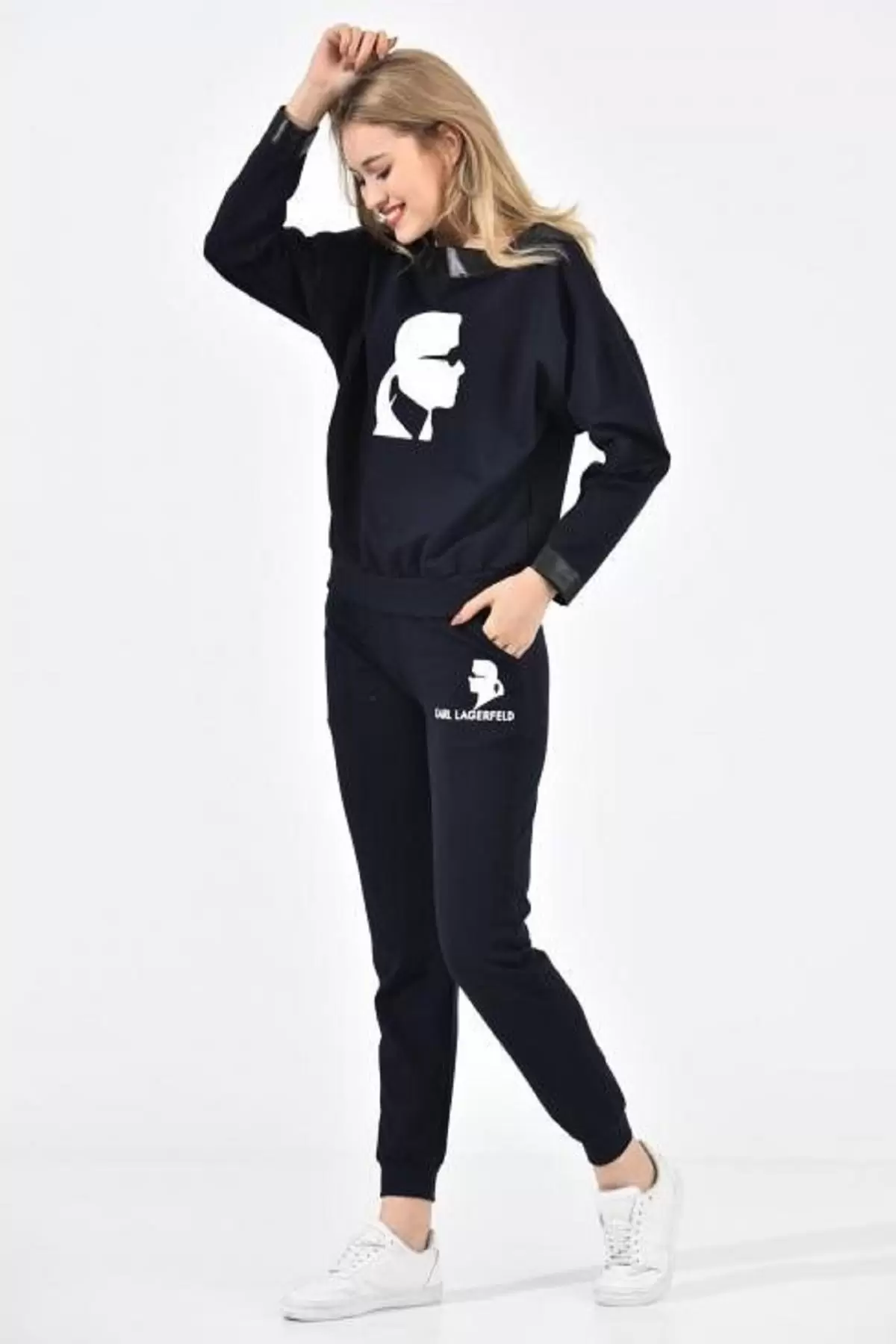 Kayık Deri Yakalı Baskılı Lacivert Kadın Eşofman Takım