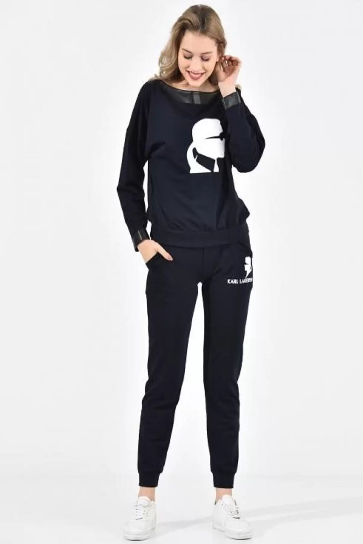 Kayık Deri Yakalı Baskılı Lacivert Kadın Eşofman Takım