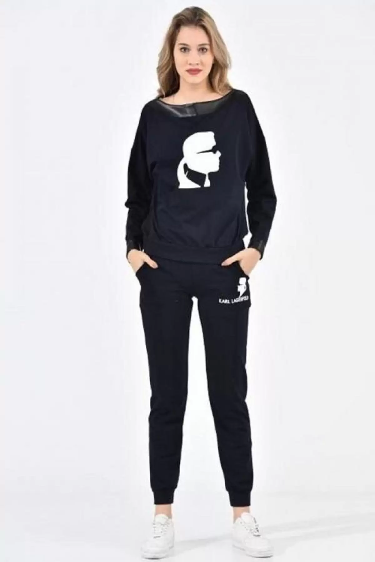 Kayık Deri Yakalı Baskılı Lacivert Kadın Eşofman Takım