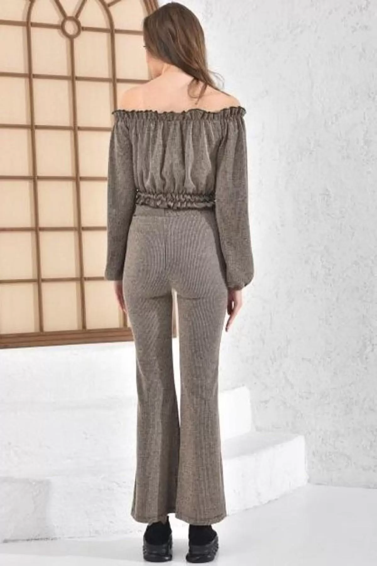 Kayık Yaka Geniş Paça Kaşkorse Kahverengi Kadın Eşofman Takım