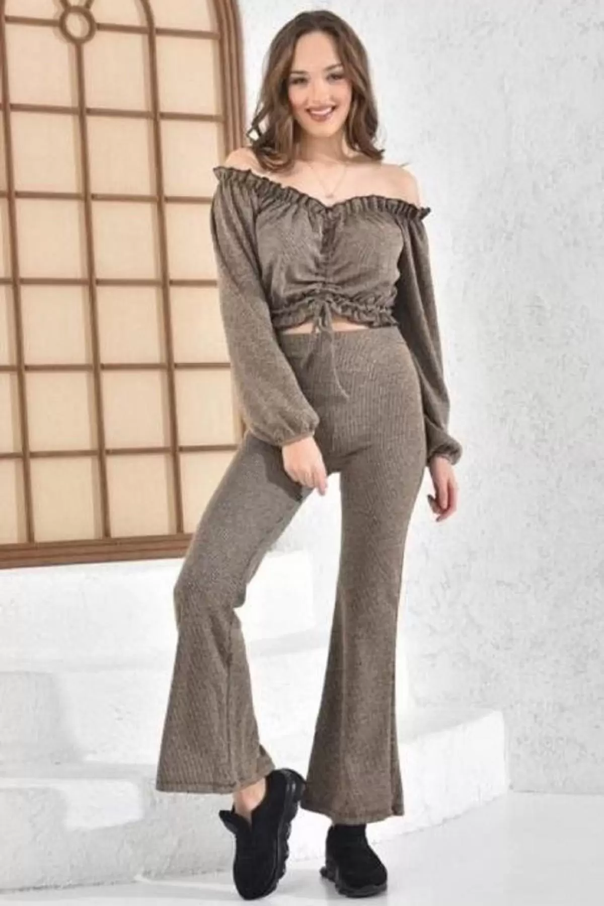 Kayık Yaka Geniş Paça Kaşkorse Kahverengi Kadın Eşofman Takım