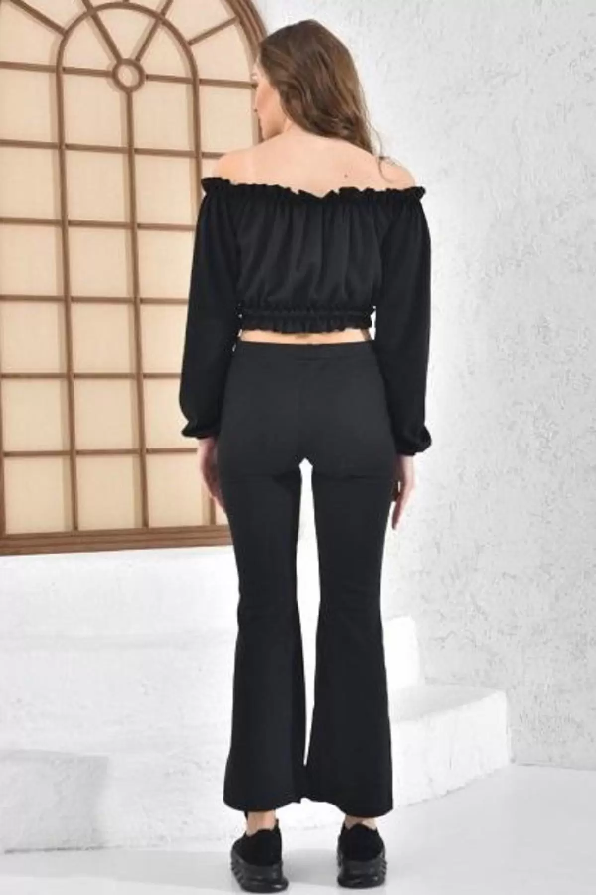 Kayık Yaka Geniş Paça Kaşkorse Siyah Kadın Eşofman Takım