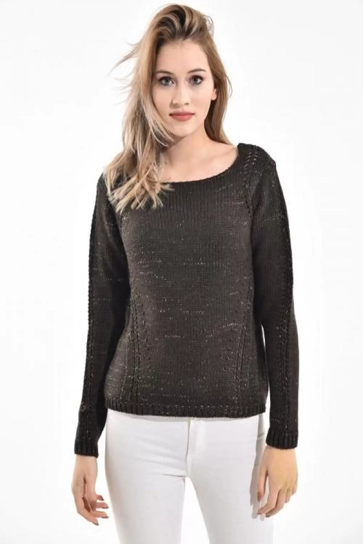 Kayık Yaka Simli Zincir Örme Haki Kadın Kazak