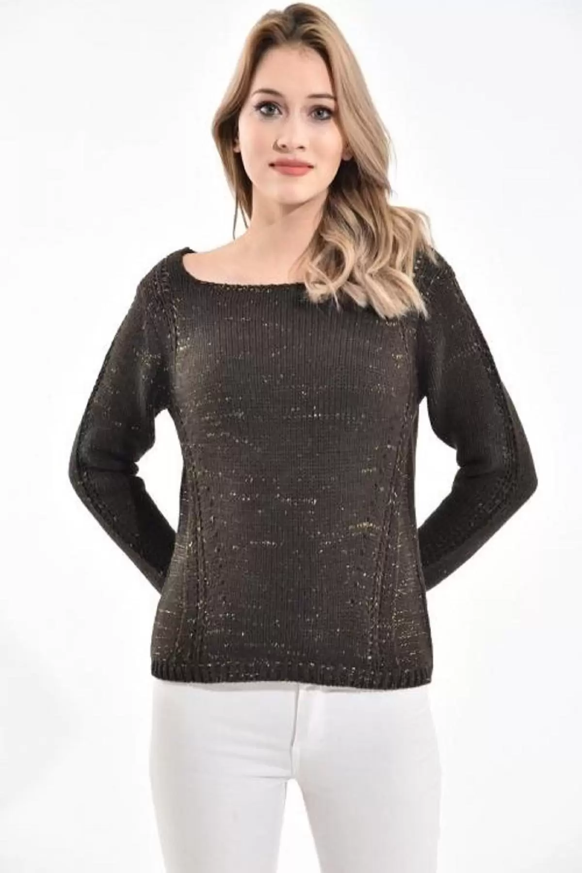 Kayık Yaka Simli Zincir Örme Haki Kadın Kazak