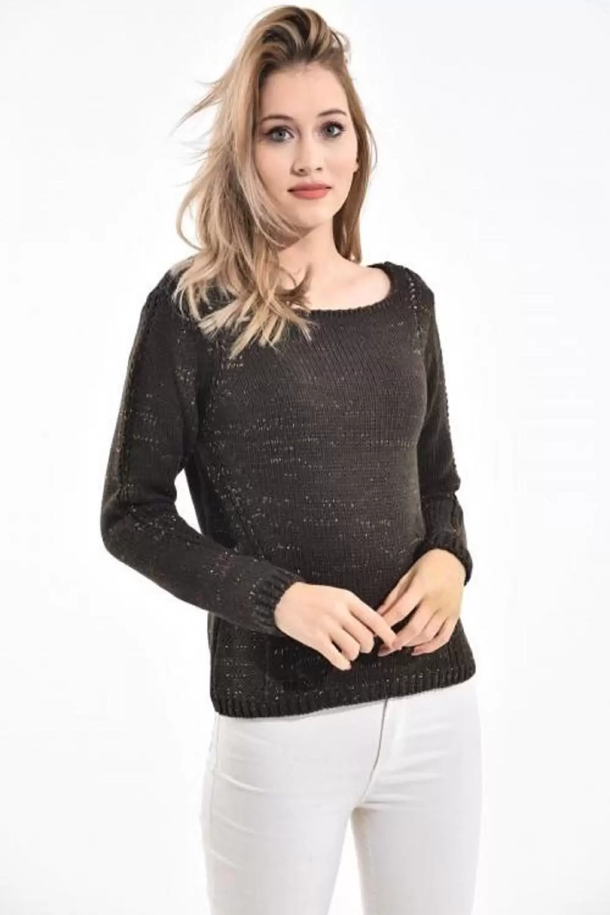 Kayık Yaka Simli Zincir Örme Haki Kadın Kazak