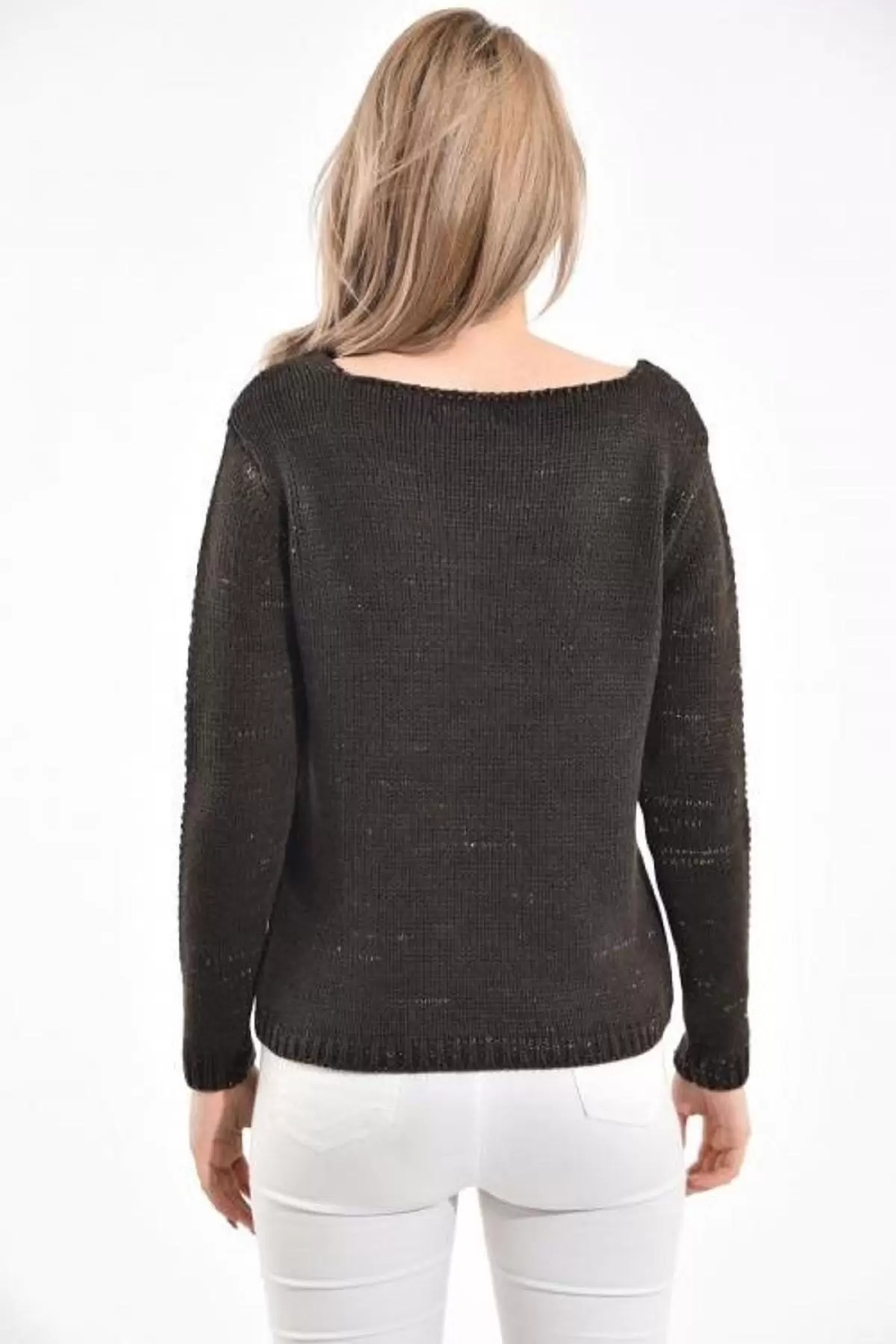 Kayık Yaka Simli Zincir Örme Haki Kadın Kazak