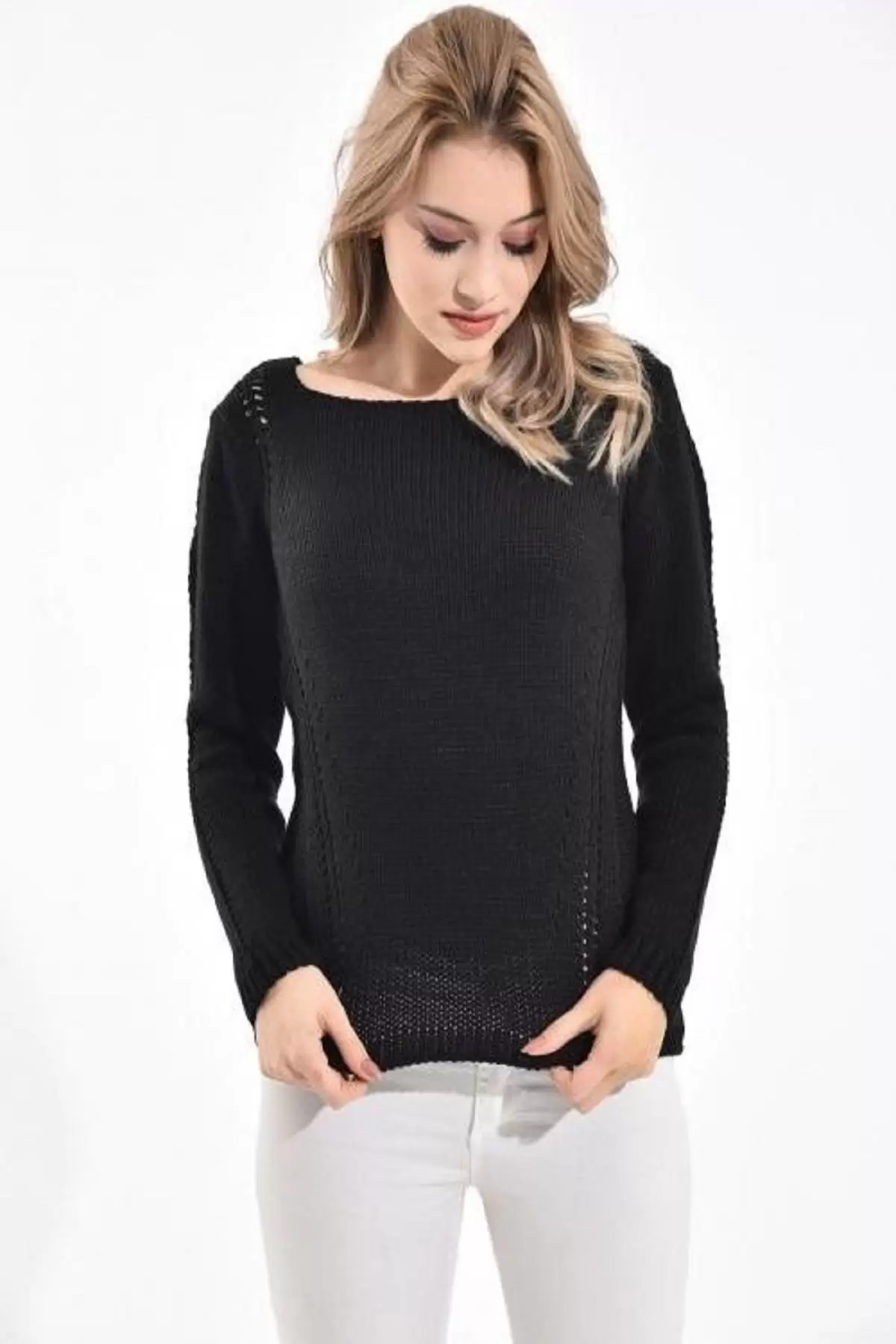 Kayık Yaka Simli Zincir Örme Siyah Kadın Kazak
