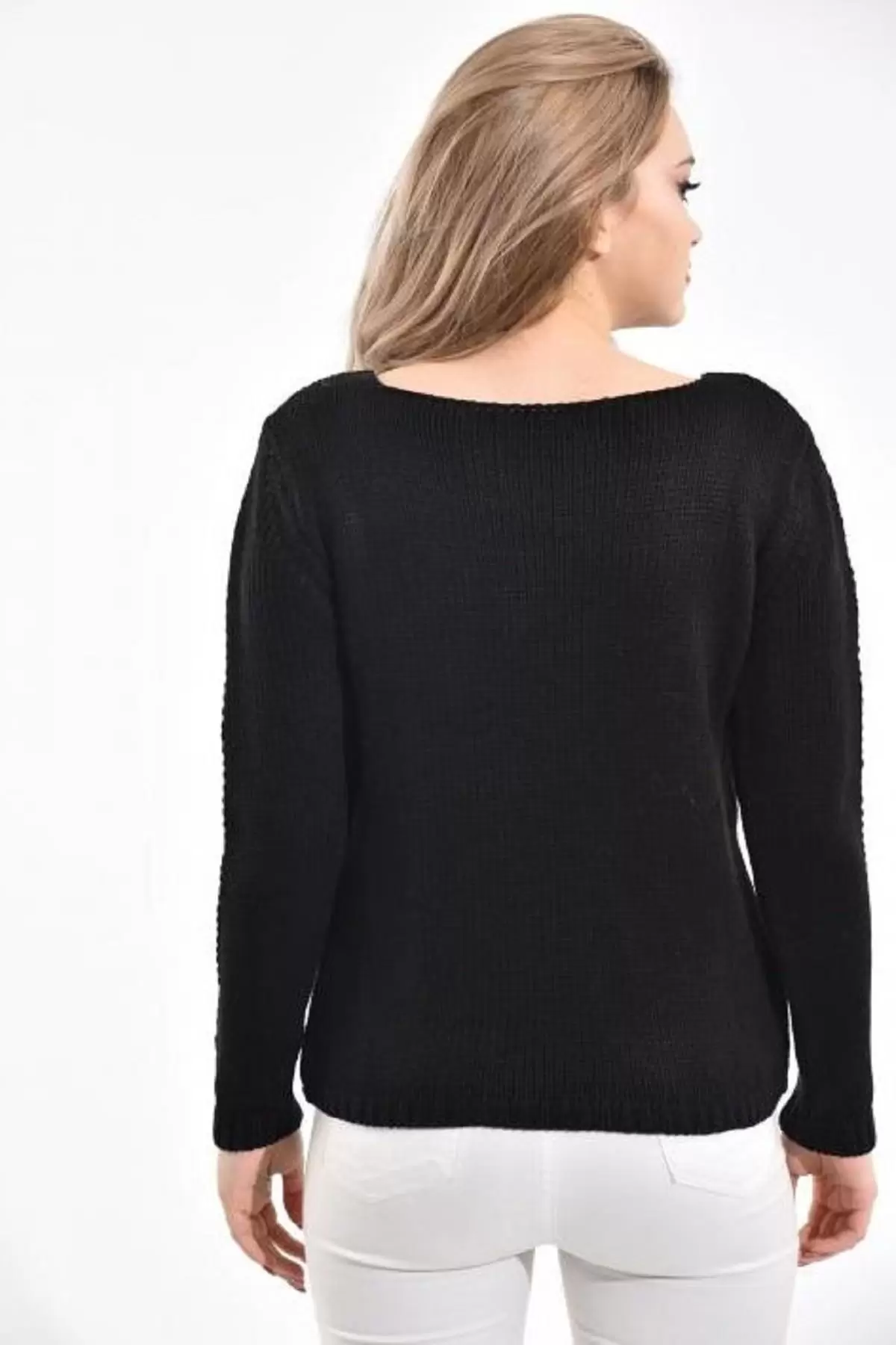 Kayık Yaka Simli Zincir Örme Siyah Kadın Kazak