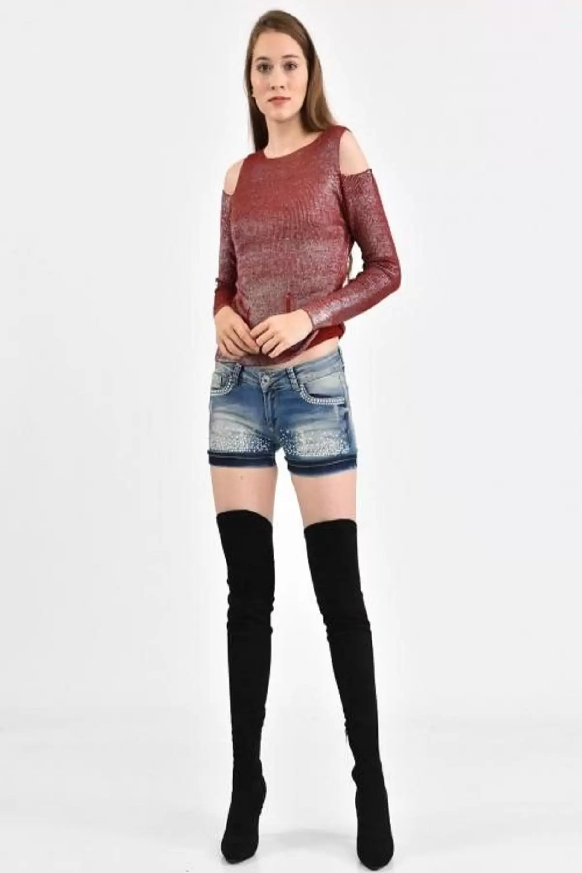 Kayıkçı Yaka Zincir Örme Omuz Detaylı Bordo Triko Kadın Bluz
