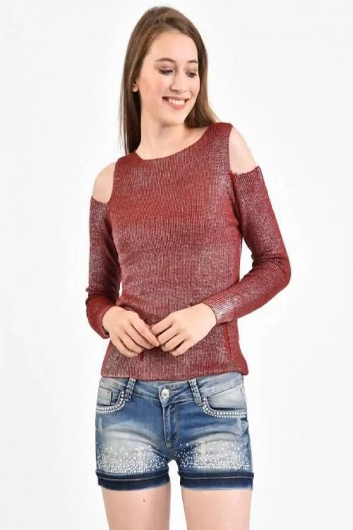 Kayıkçı Yaka Zincir Örme Omuz Detaylı Bordo Triko Kadın Bluz