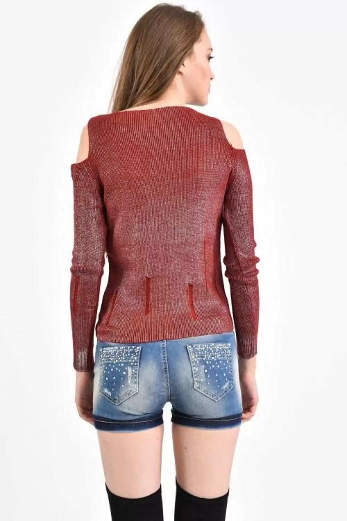 Kayıkçı Yaka Zincir Örme Omuz Detaylı Bordo Triko Kadın Bluz