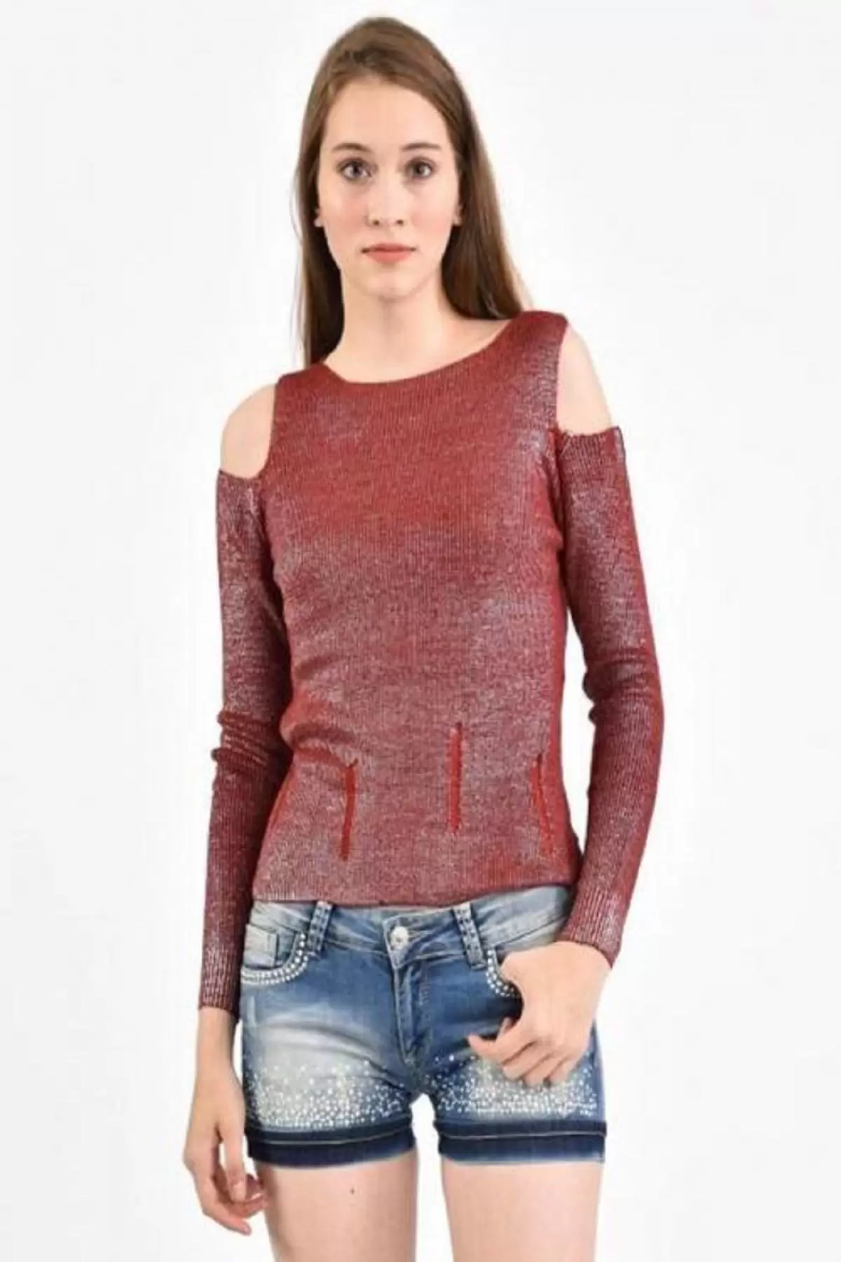 Kayıkçı Yaka Zincir Örme Omuz Detaylı Bordo Triko Kadın Bluz