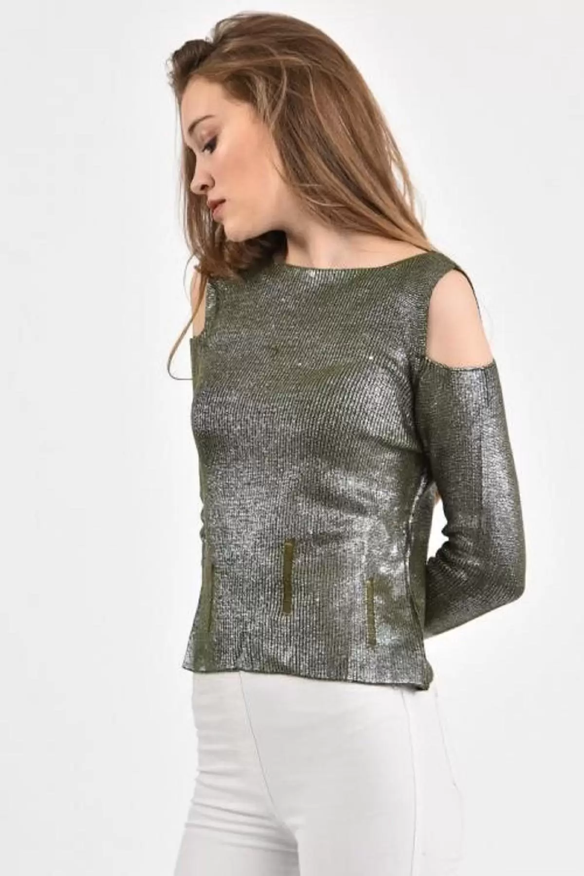 Kayıkçı Yaka Zincir Örme Omuz Detaylı Haki Triko Kadın Bluz