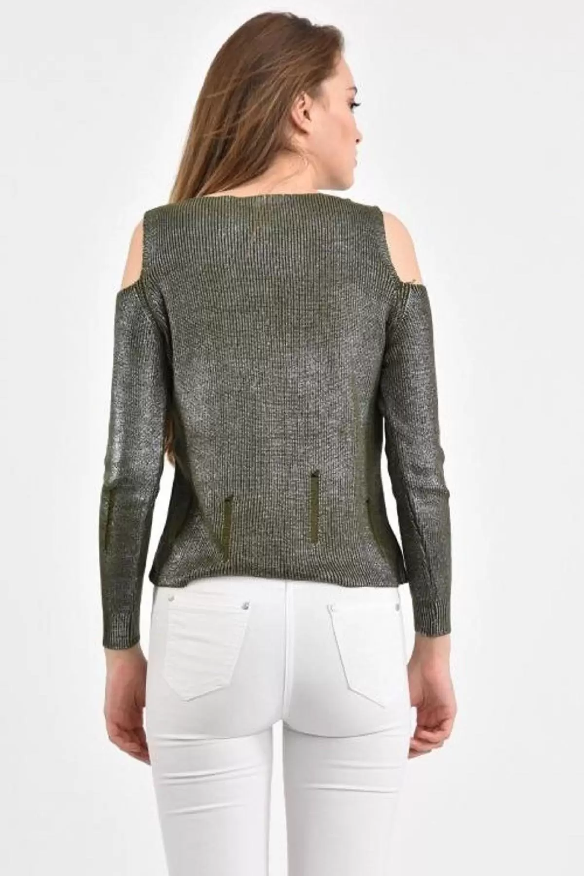 Kayıkçı Yaka Zincir Örme Omuz Detaylı Haki Triko Kadın Bluz