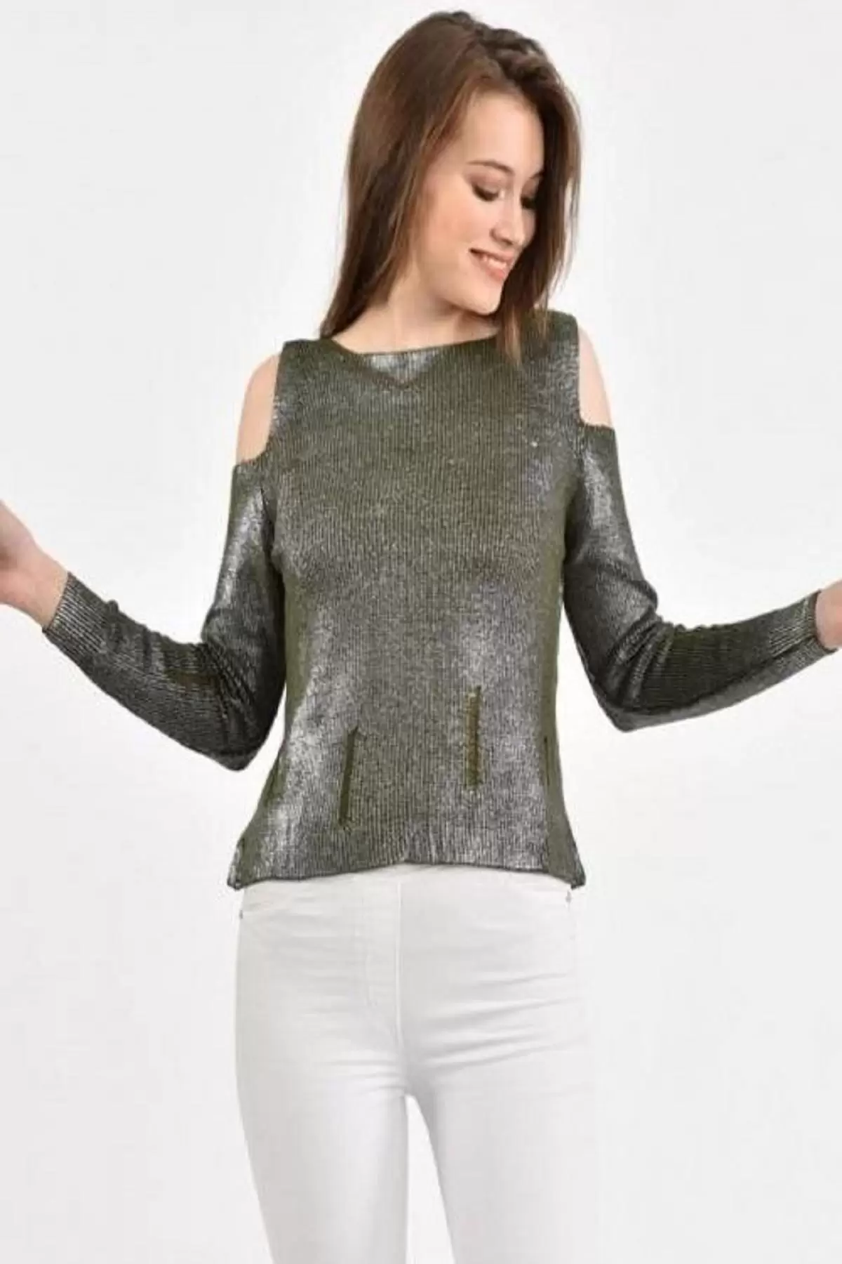 Kayıkçı Yaka Zincir Örme Omuz Detaylı Haki Triko Kadın Bluz