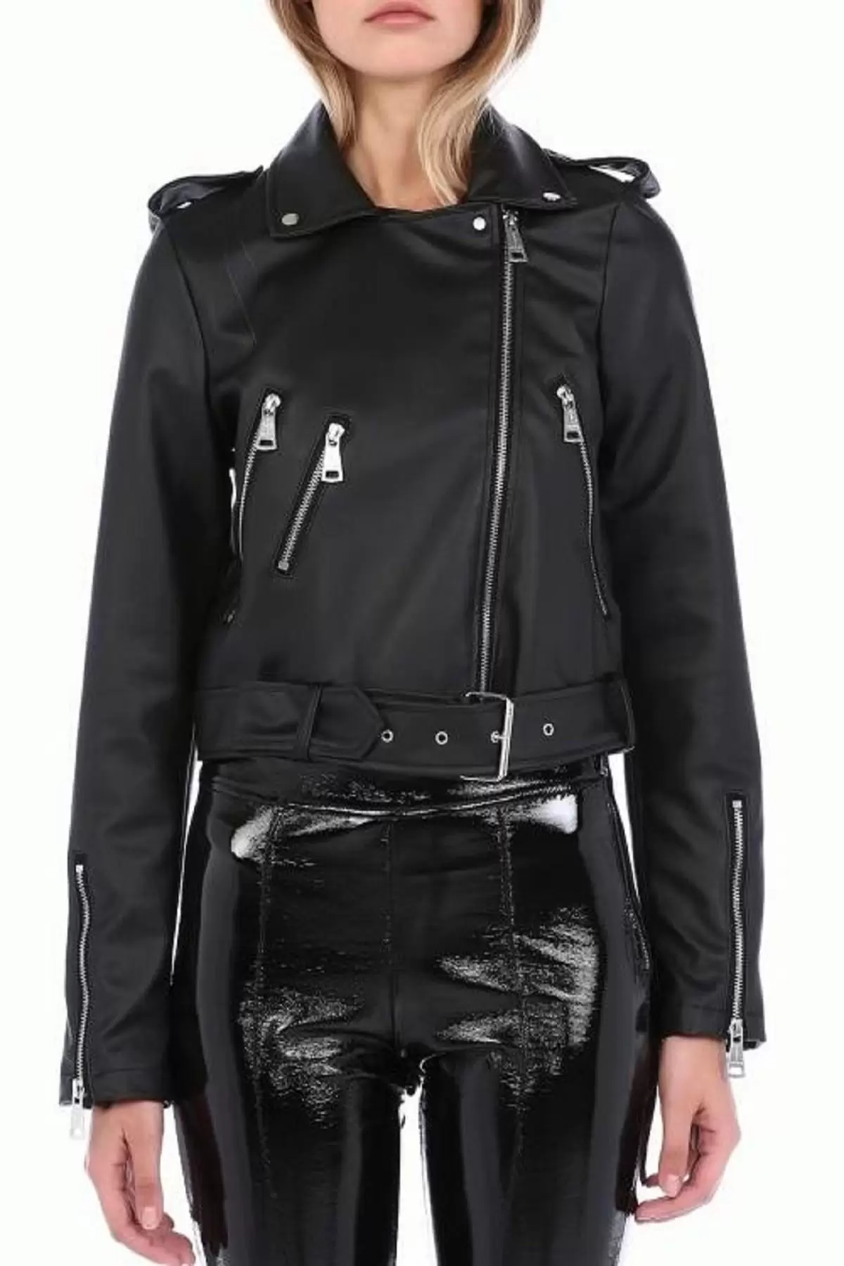 Kemerli Fermuar Detaylı Siyah Kadın Deri Mont