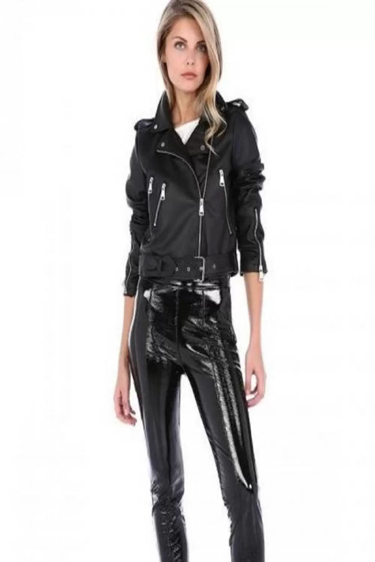 Kemerli Fermuar Detaylı Siyah Kadın Deri Mont