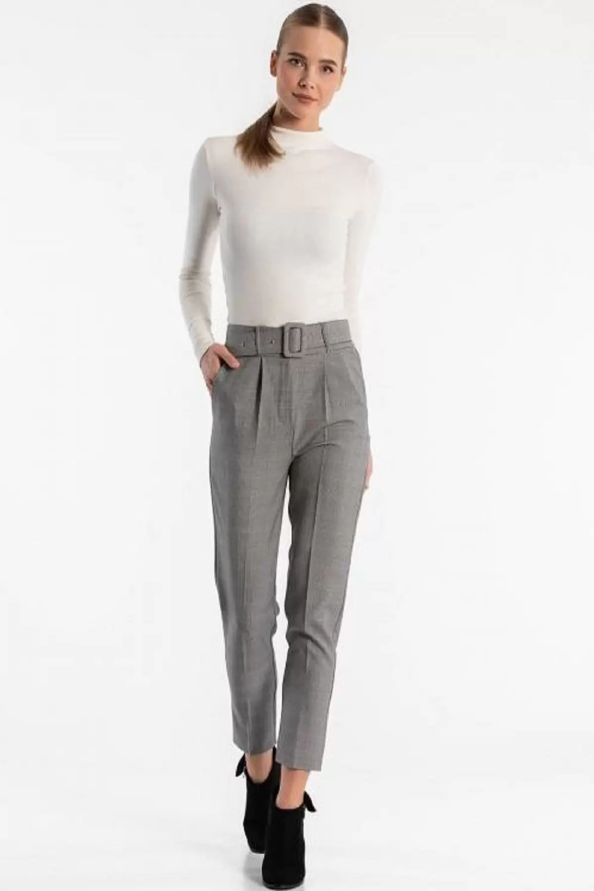 Kemerli Gri Ekose Bilek Kadın Pantolon
