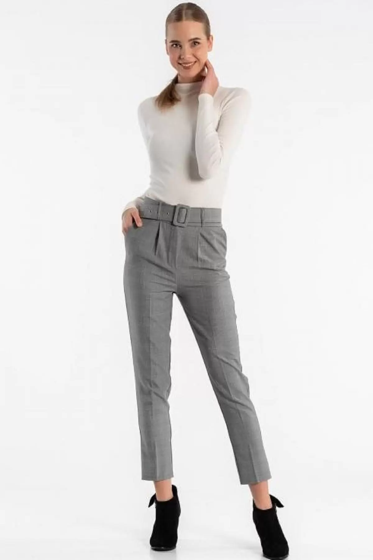 Kemerli Gri Ekose Bilek Kadın Pantolon
