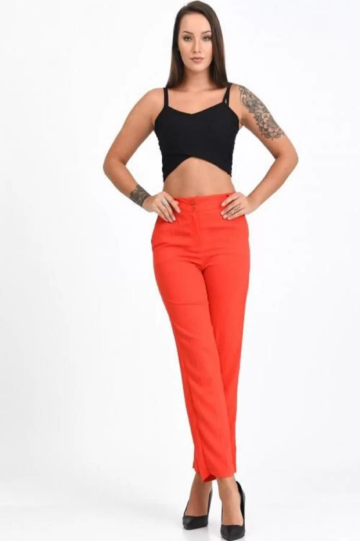 Kemerli ve Cepli Fuşya Boru Paça Viskon Kadın Pantolon