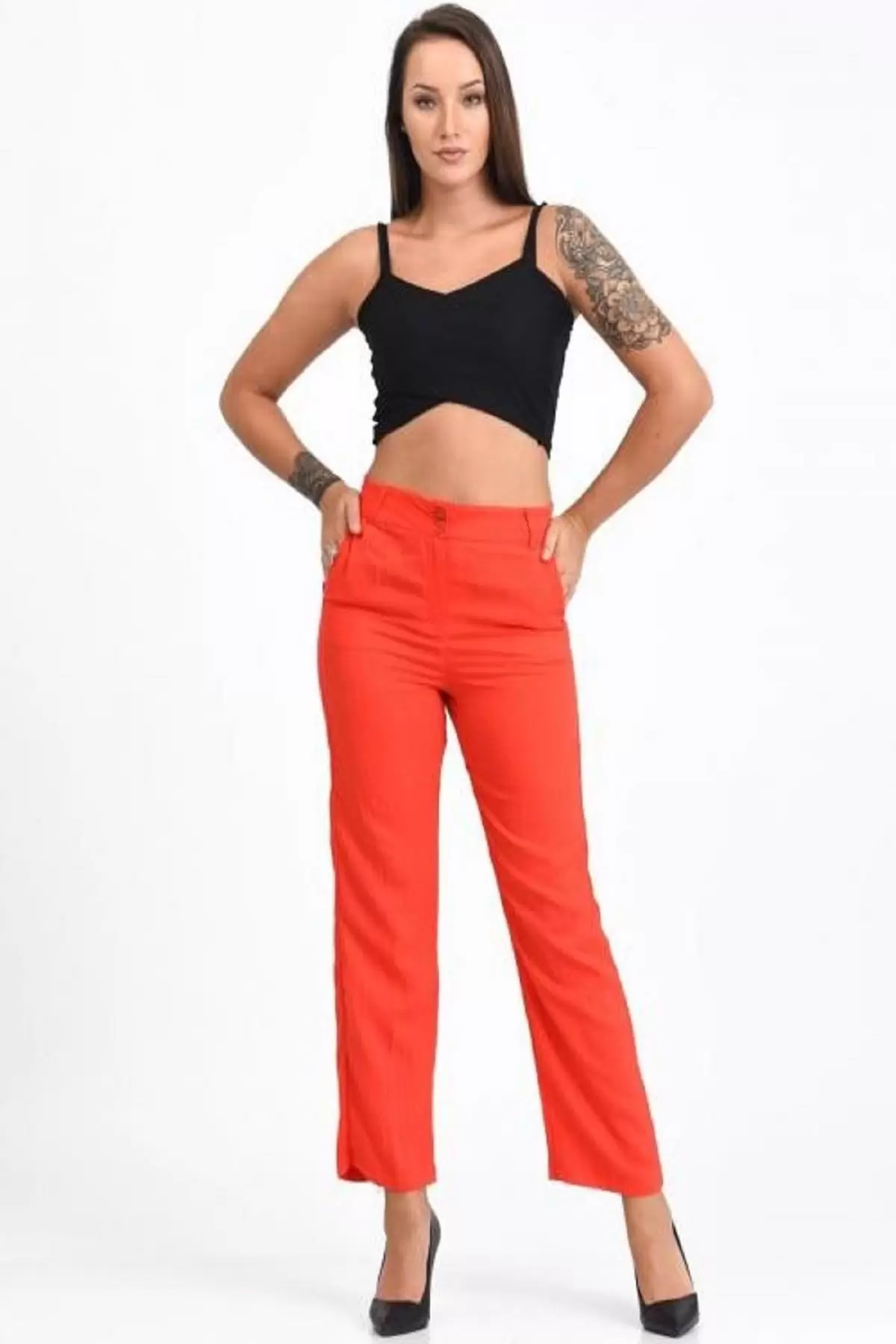 Kemerli ve Cepli Fuşya Boru Paça Viskon Kadın Pantolon