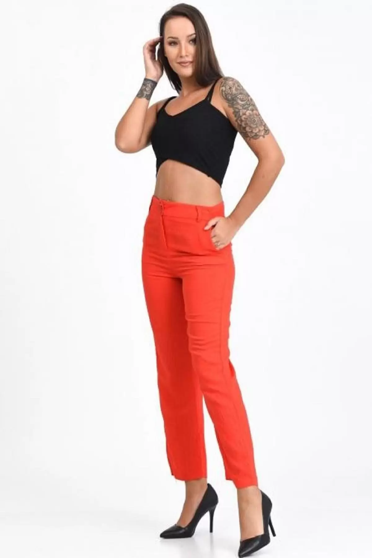 Kemerli ve Cepli Fuşya Boru Paça Viskon Kadın Pantolon