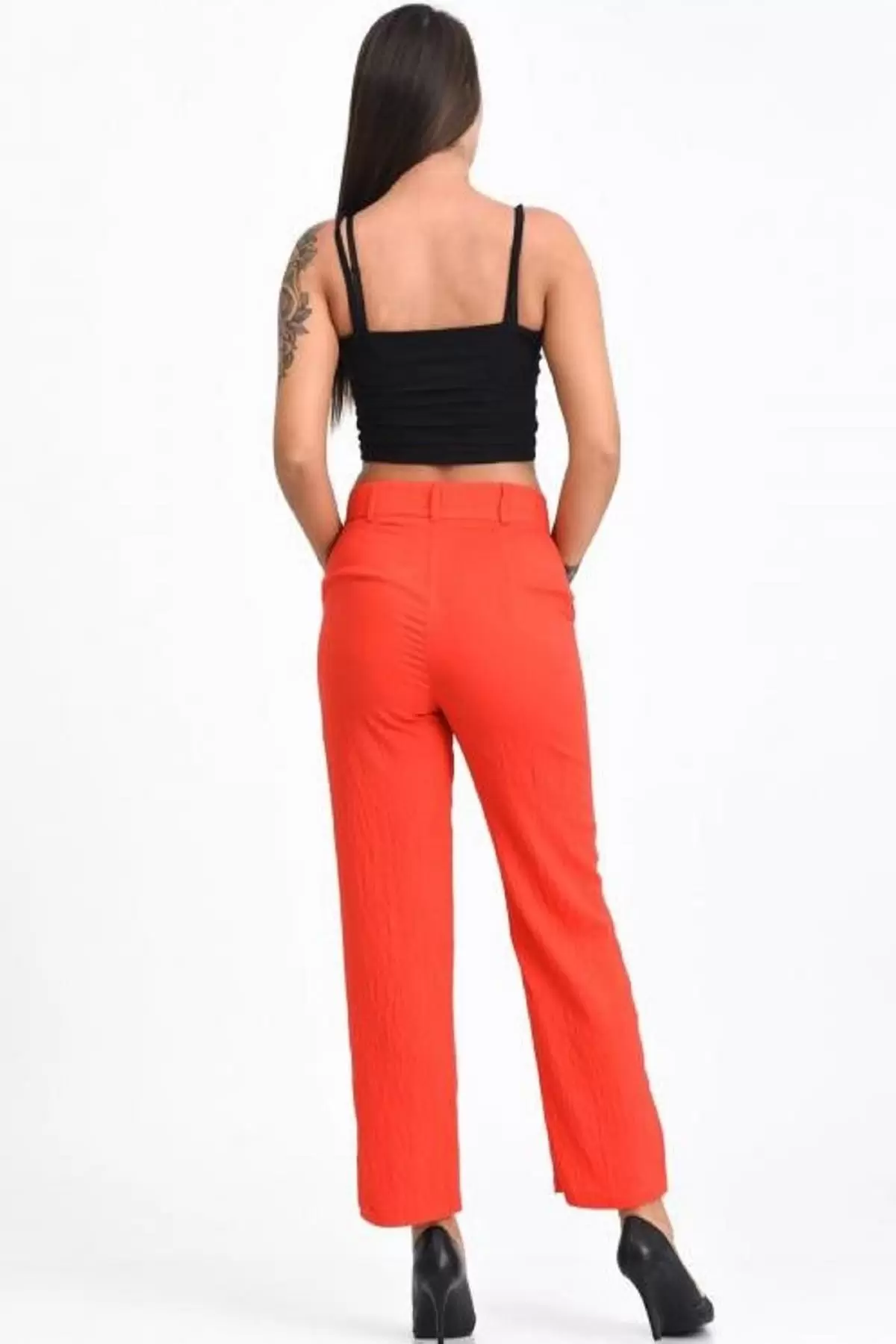 Kemerli ve Cepli Fuşya Boru Paça Viskon Kadın Pantolon