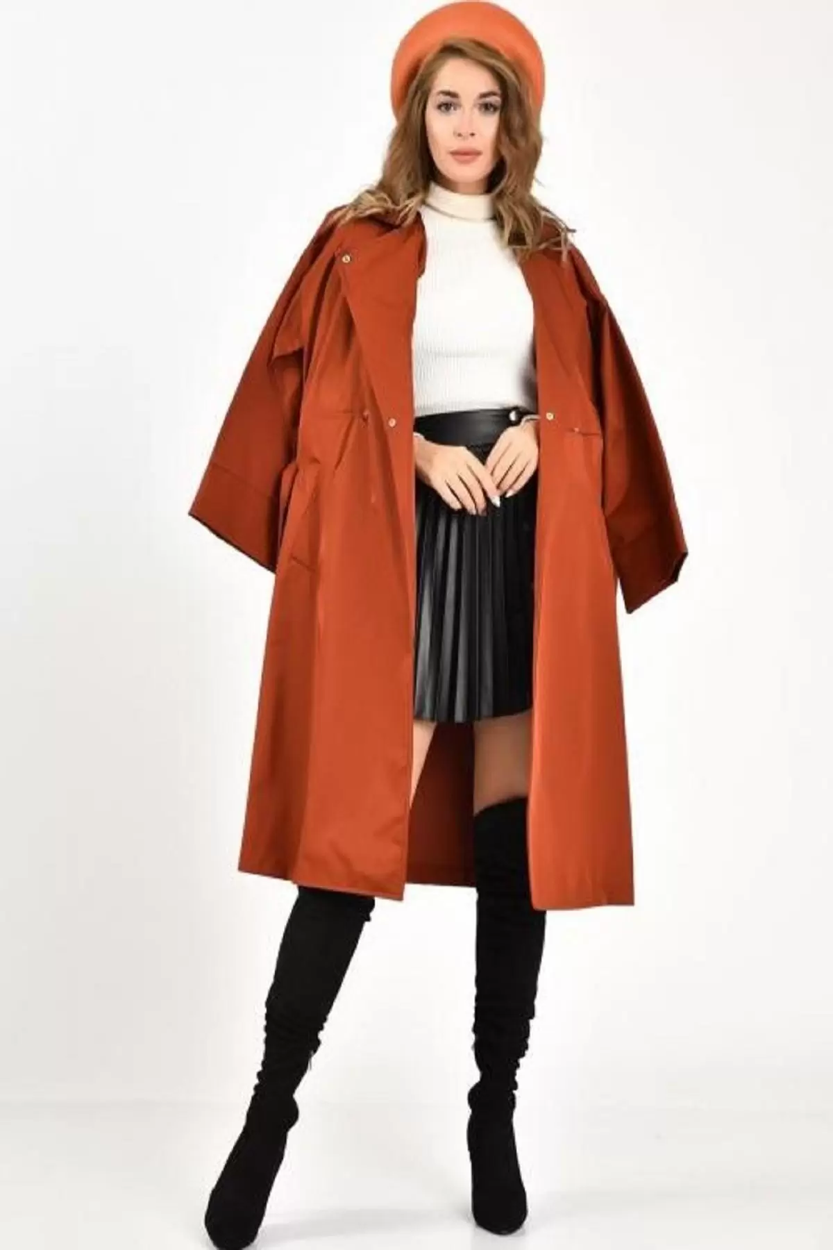 Kemerli ve Çıtçıtlı Kiremit Kadın Trençkot