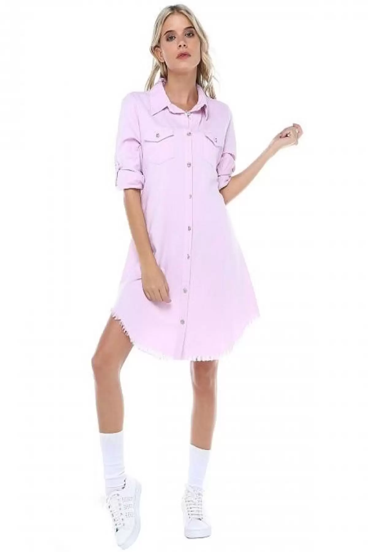 Kenarları Saçaklı Kolları Katlanabilir Pudra Kadın Keten Tunik