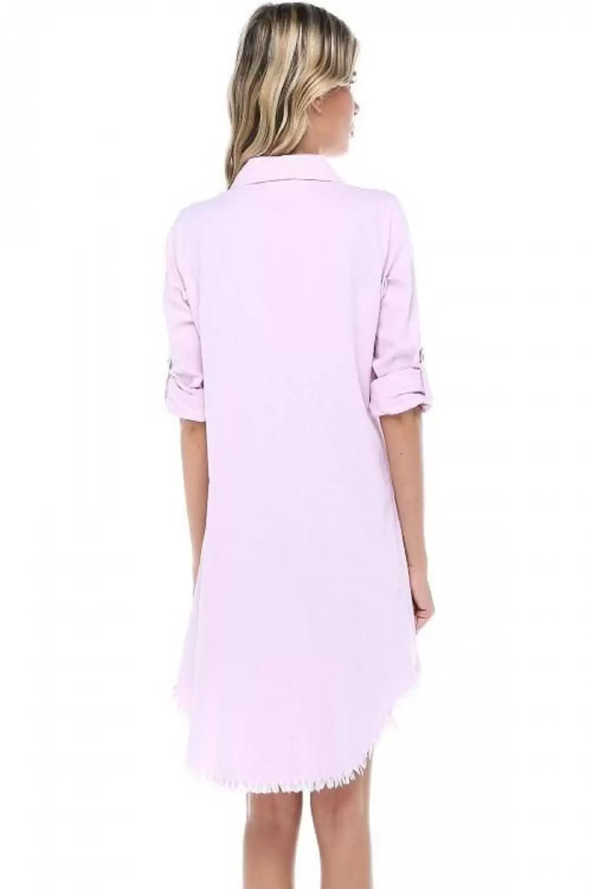 Kenarları Saçaklı Kolları Katlanabilir Pudra Kadın Keten Tunik