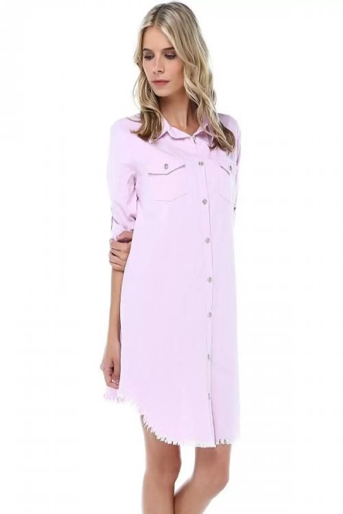 Kenarları Saçaklı Kolları Katlanabilir Pudra Kadın Keten Tunik