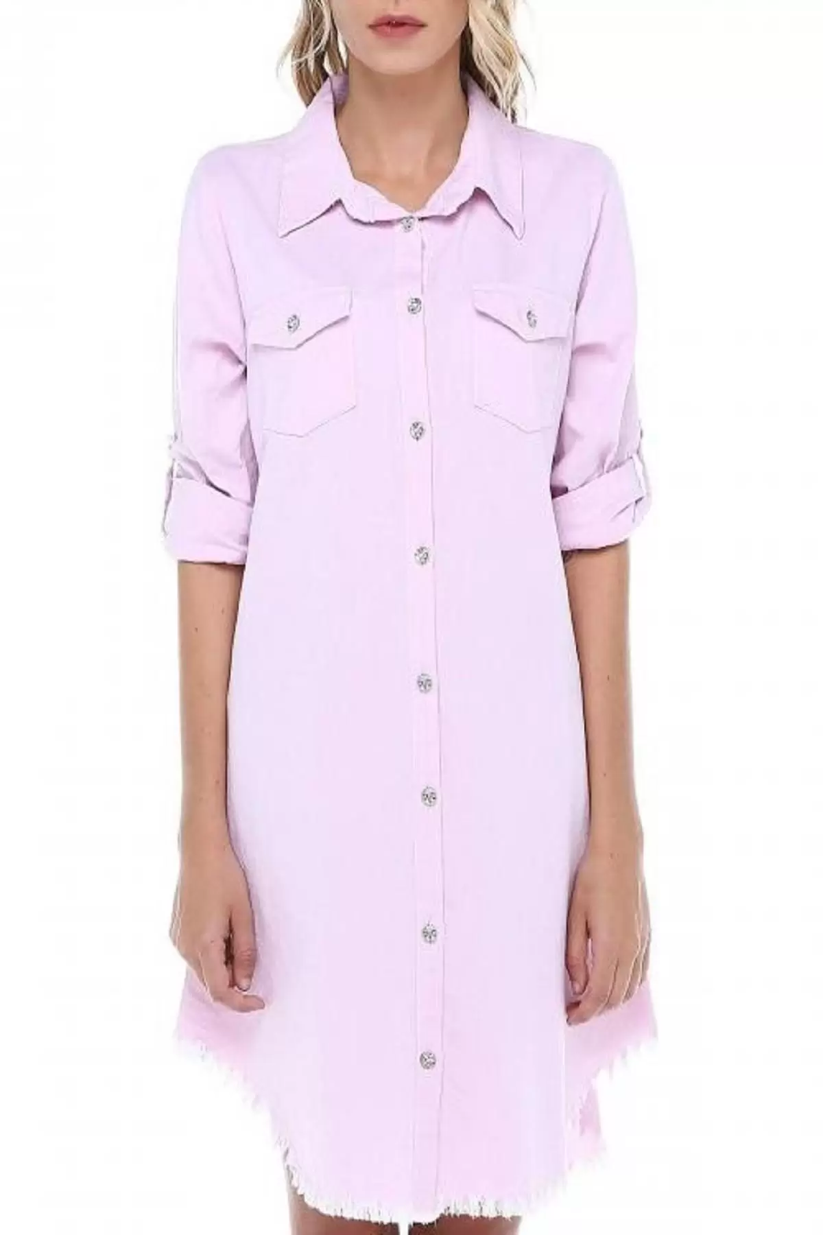 Kenarları Saçaklı Kolları Katlanabilir Pudra Kadın Keten Tunik