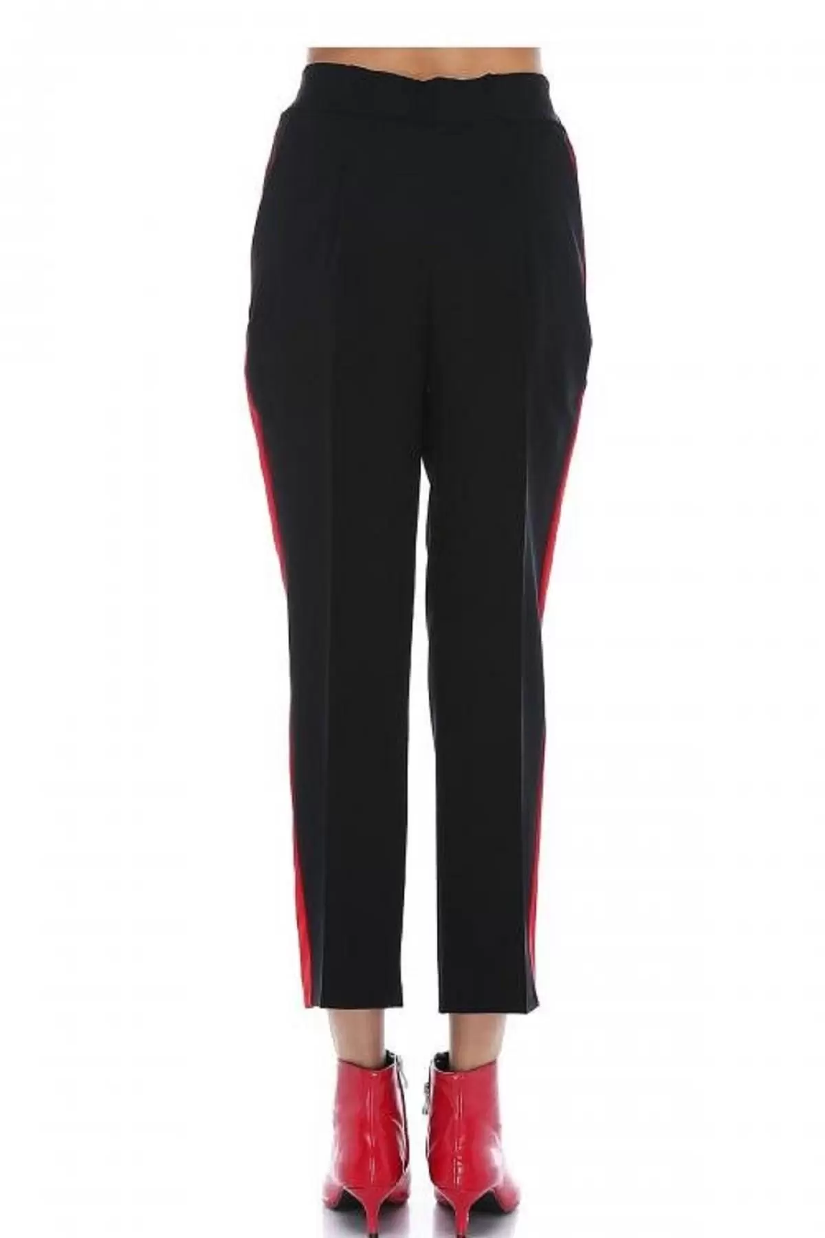 Kırmızı Şeritli Siyah Bilek Kadın Pantolon