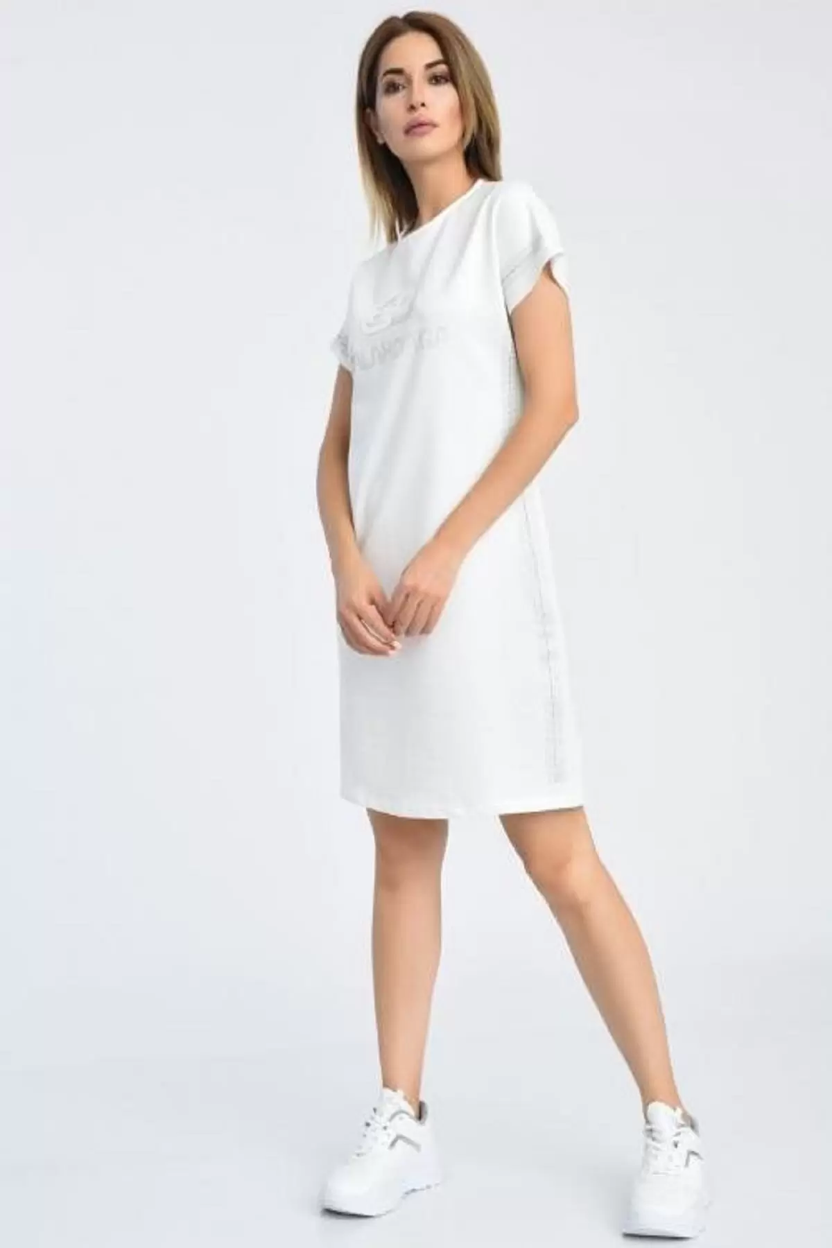 Kısa Kol Baskı ve Taşlı Bisiklet Yaka Beyaz Kadın Elbise