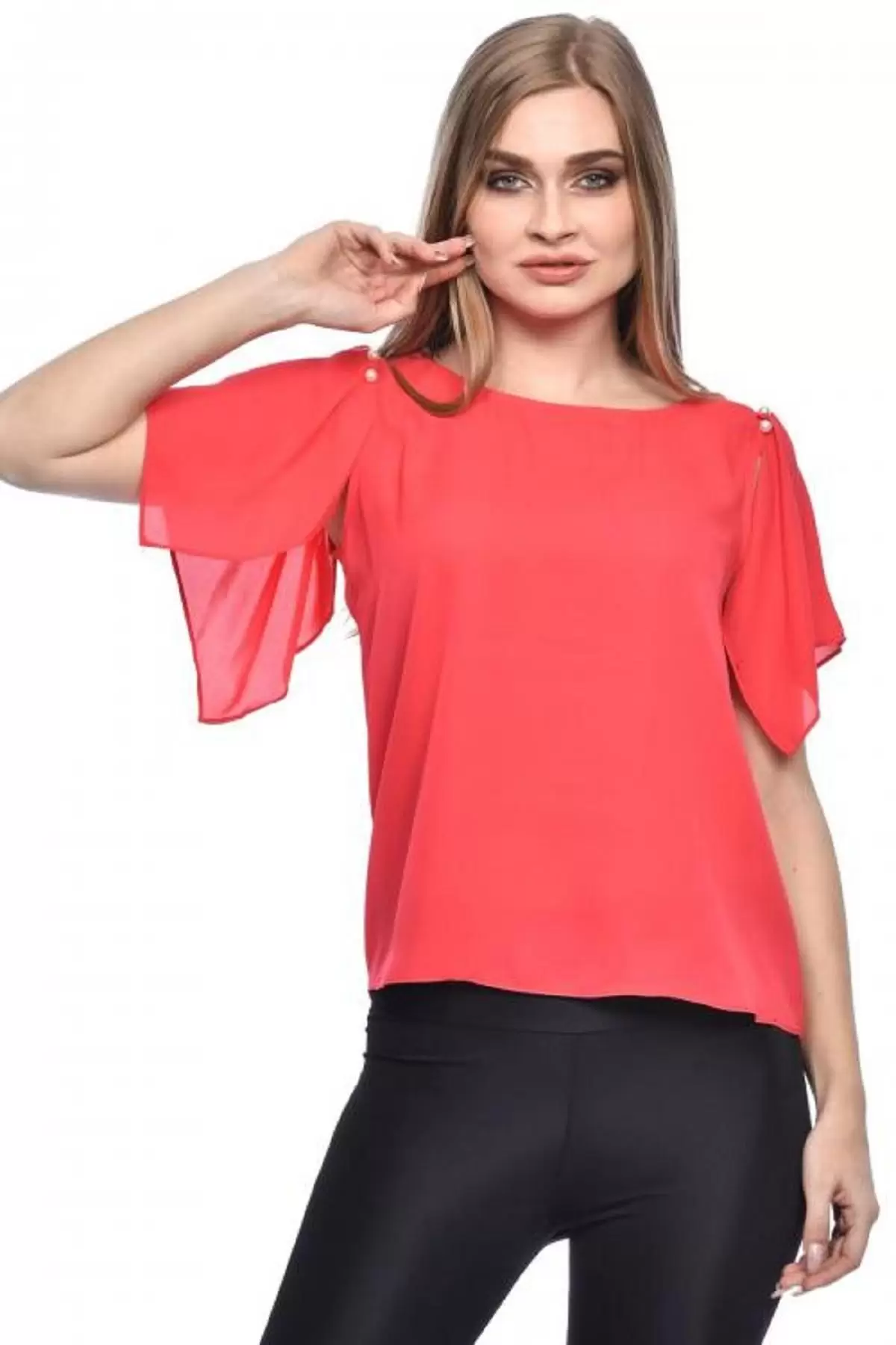 Kısa Kollu V Yaka İnci Detaylı Kırmızı Kadın Bluz