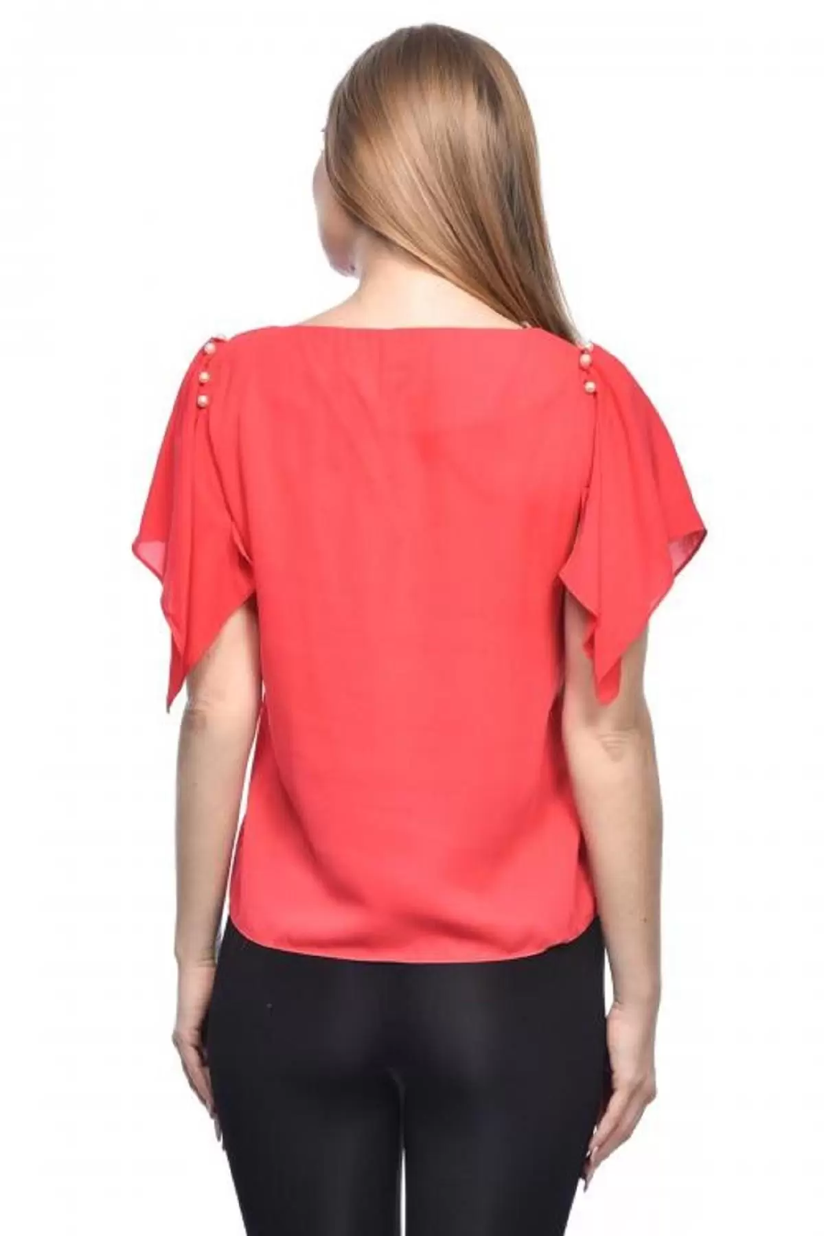 Kısa Kollu V Yaka İnci Detaylı Kırmızı Kadın Bluz