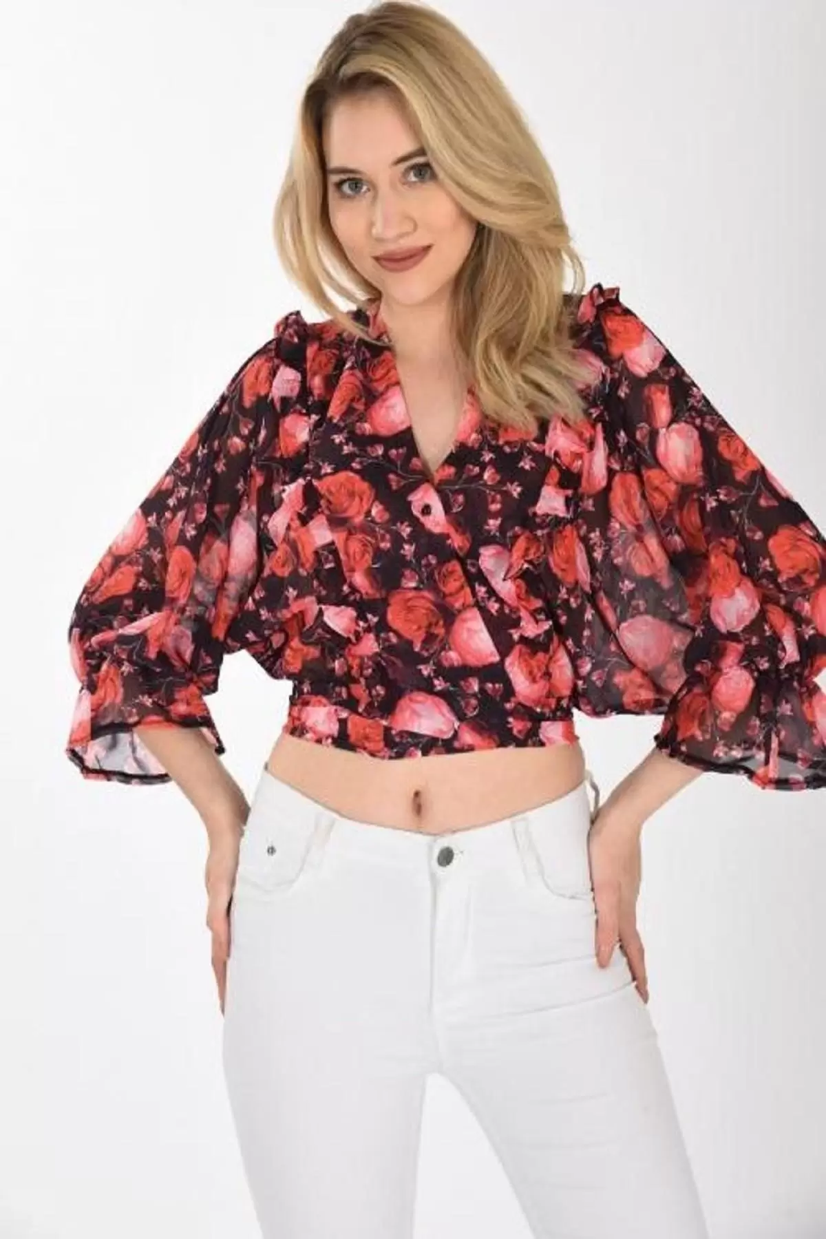 Kol Ağzı Fırfırlı V Dekolte Belden Bağlamalı Siyah Şifon Kadın Bluz