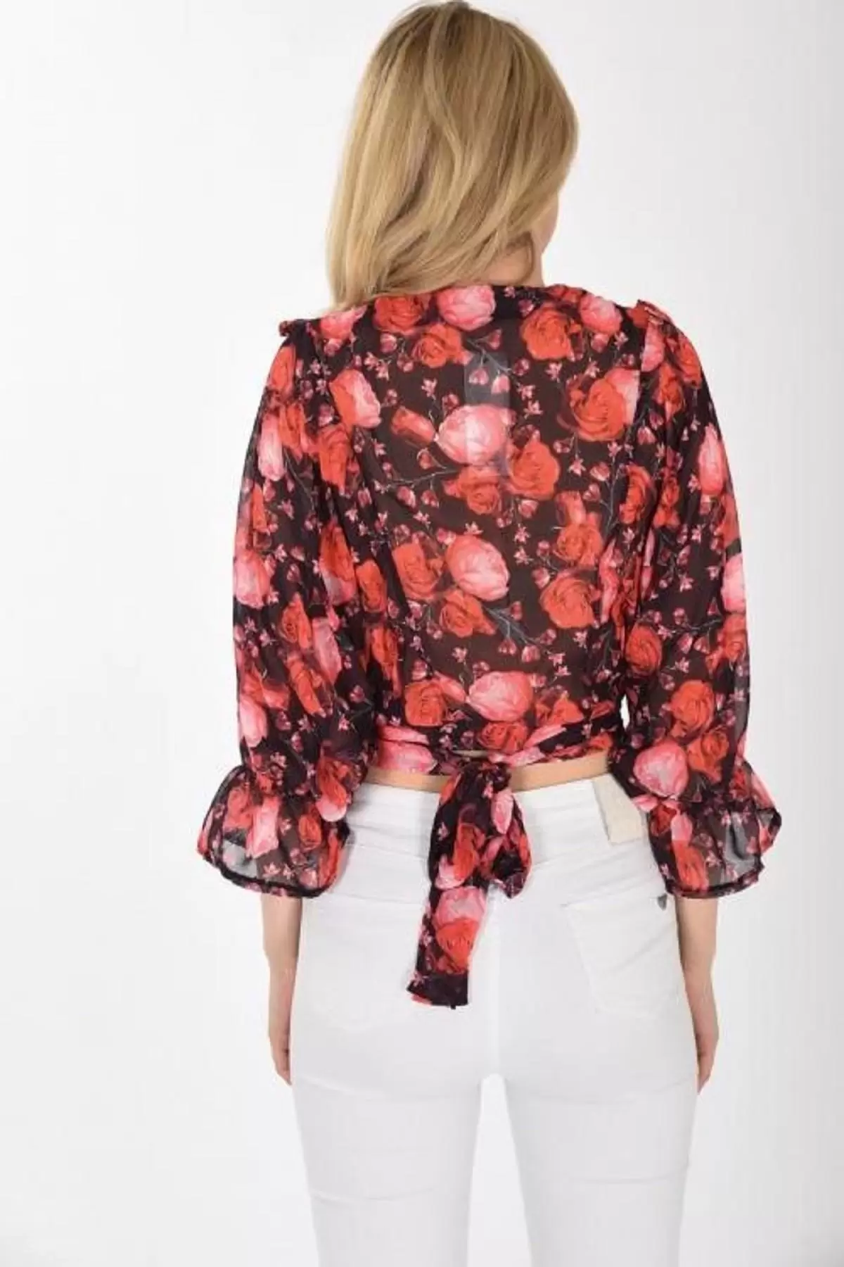 Kol Ağzı Fırfırlı V Dekolte Belden Bağlamalı Siyah Şifon Kadın Bluz