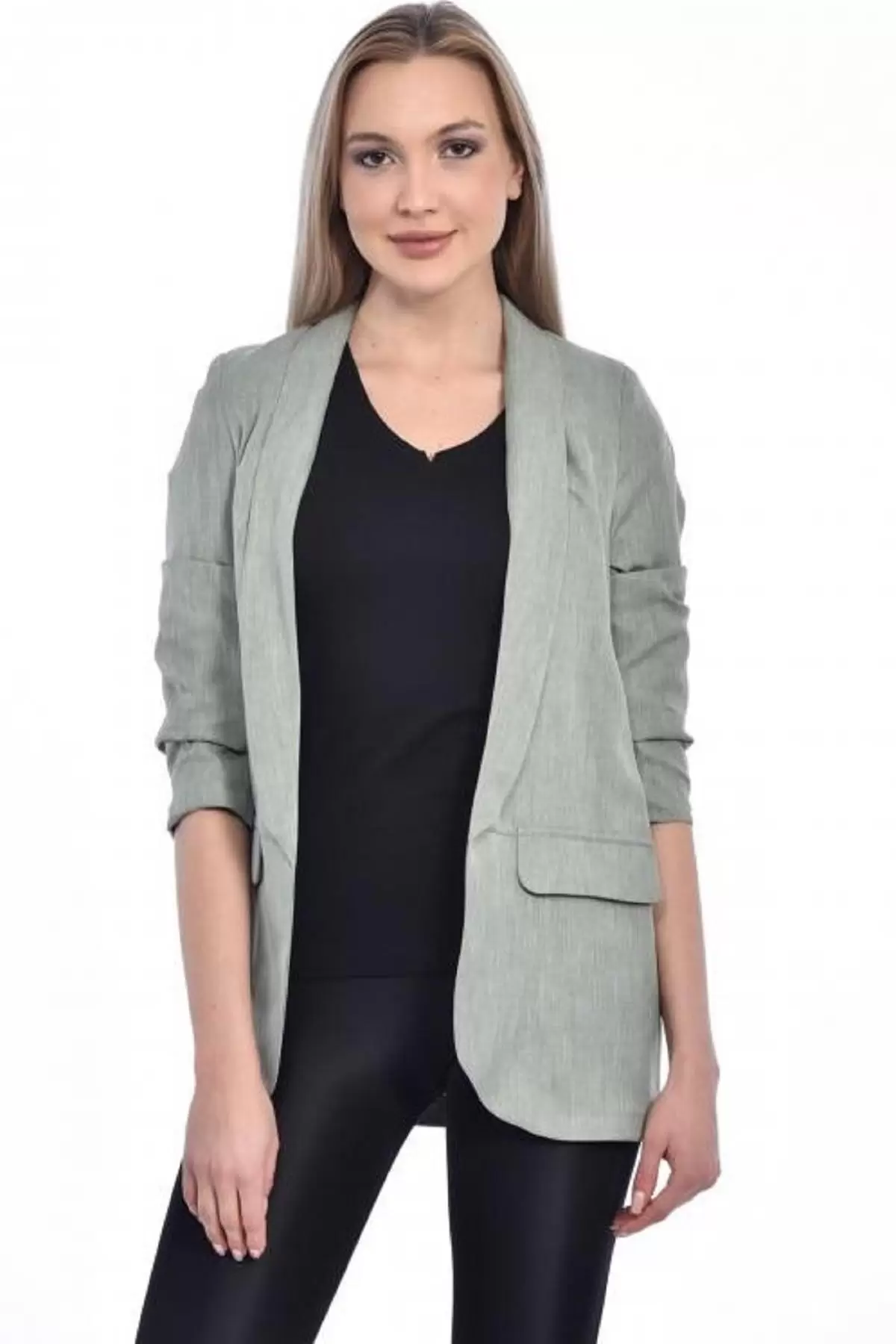 Kol Büzgülü Düğmeli ve Yandan Cepli Blazer Mint Yeşil Kadın Ceket