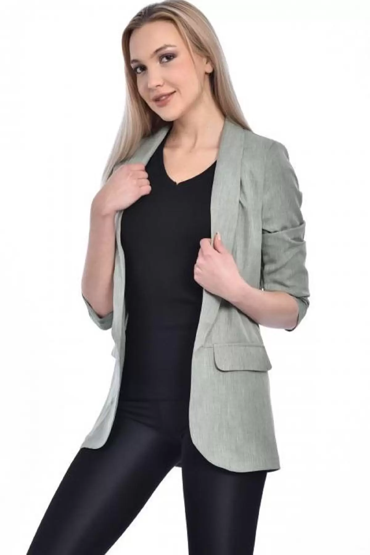 Kol Büzgülü Düğmeli ve Yandan Cepli Blazer Mint Yeşil Kadın Ceket
