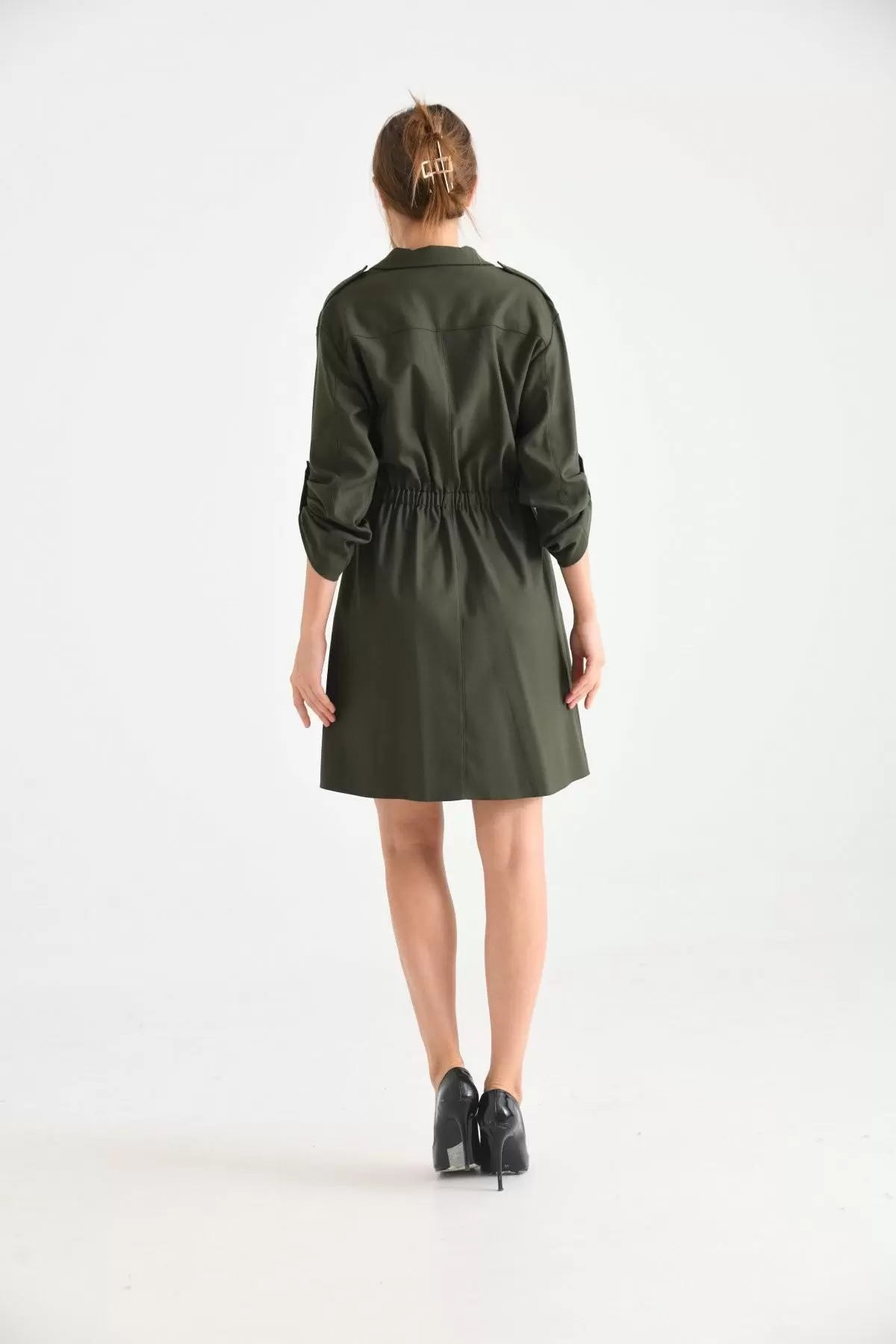 Kruvaze Yaka Düğmeli Belden Lastikli Haki Kadın Elbise