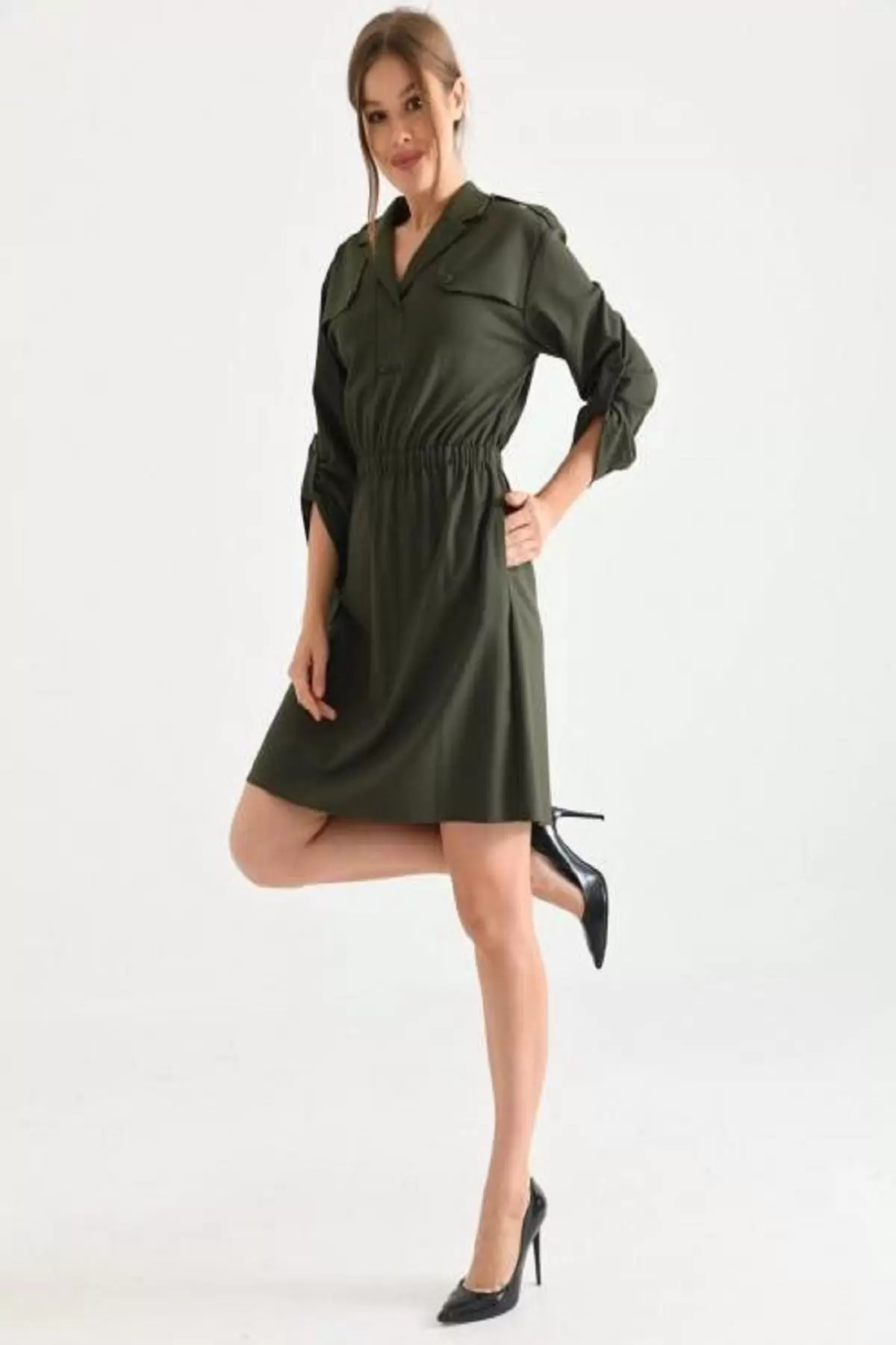 Kruvaze Yaka Düğmeli Belden Lastikli Haki Kadın Elbise