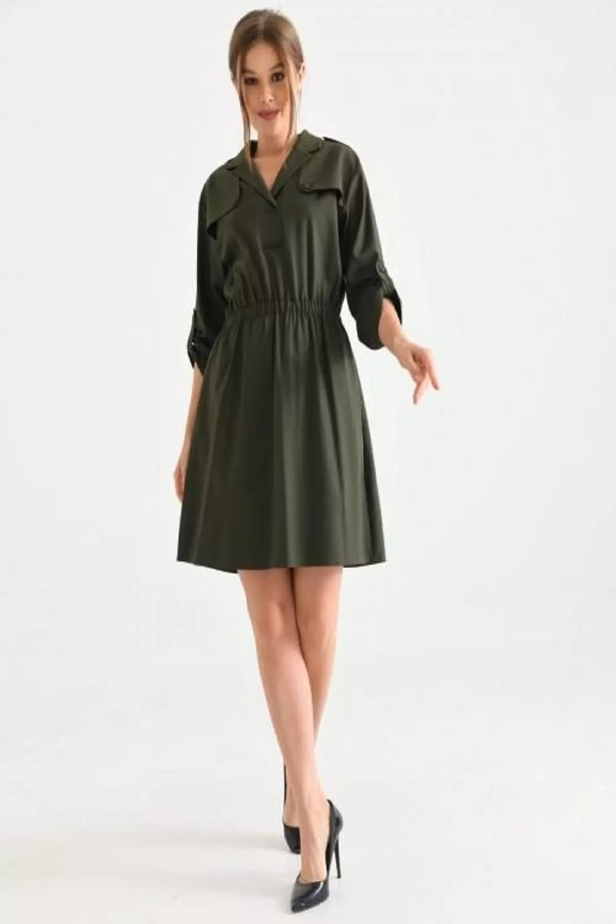 Kruvaze Yaka Düğmeli Belden Lastikli Haki Kadın Elbise