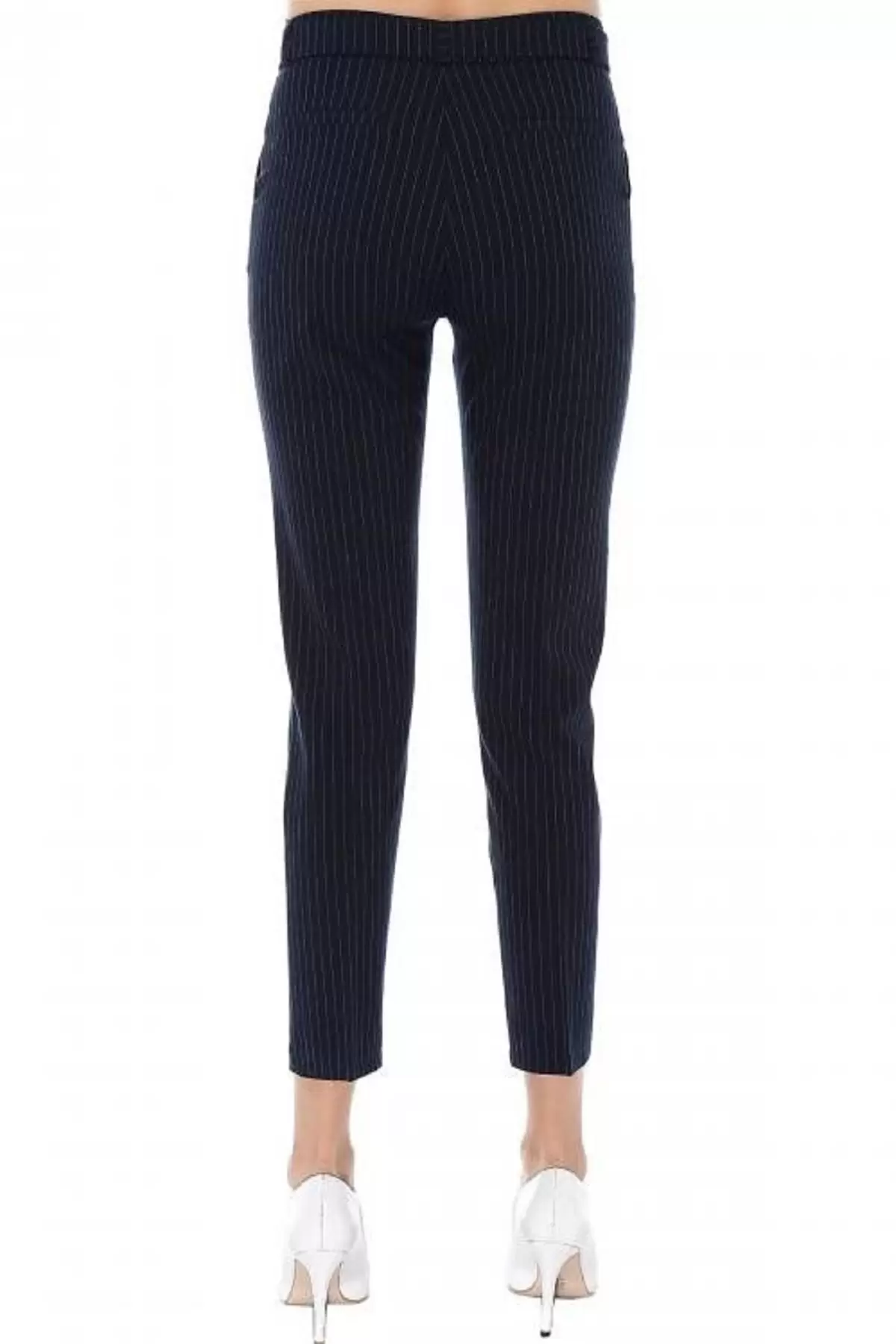 Kuşaklı Beyaz Çizgili Lacivert Bilek Kadın Pantolon