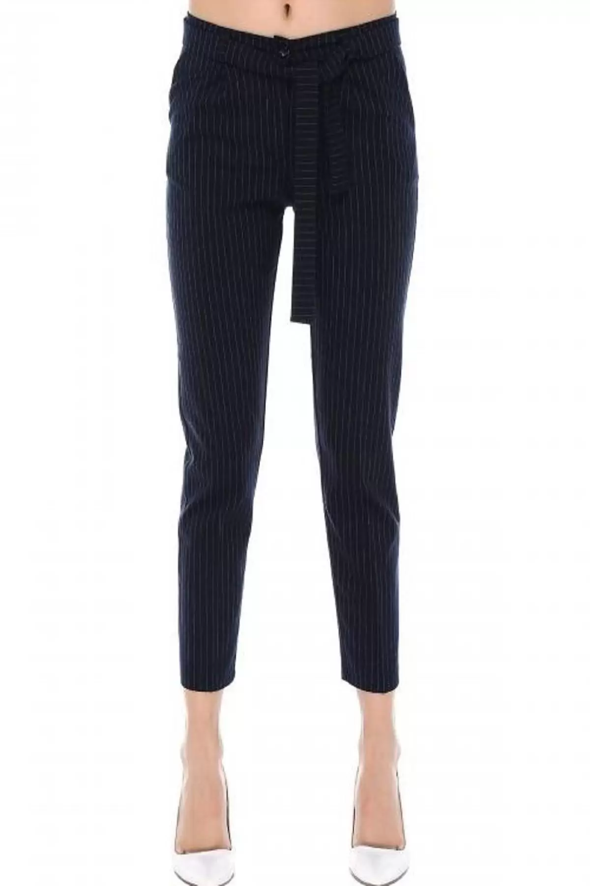 Kuşaklı Beyaz Çizgili Lacivert Bilek Kadın Pantolon