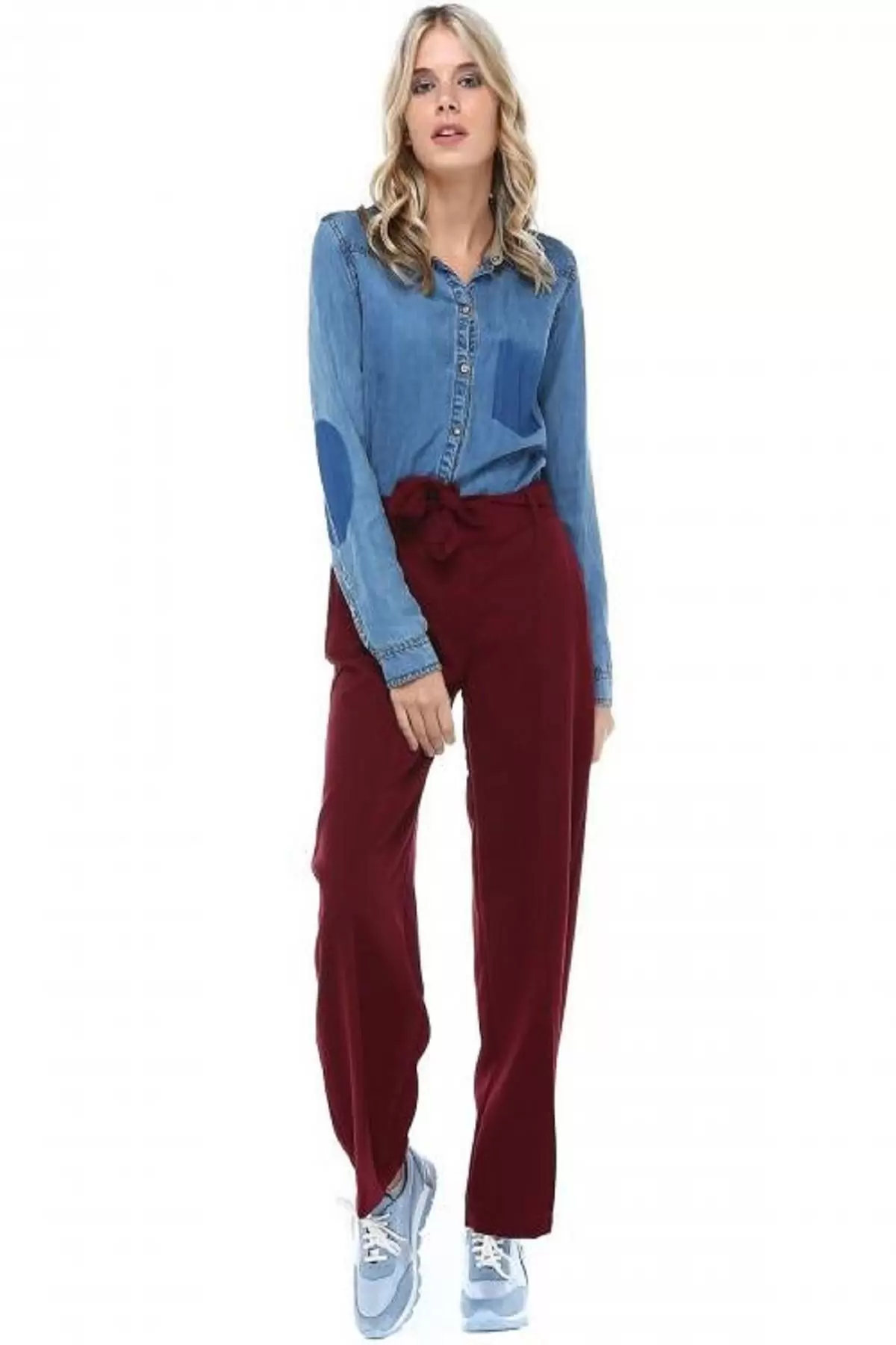 Kuşaklı Bol Paça Bordo Kadın Pantolon
