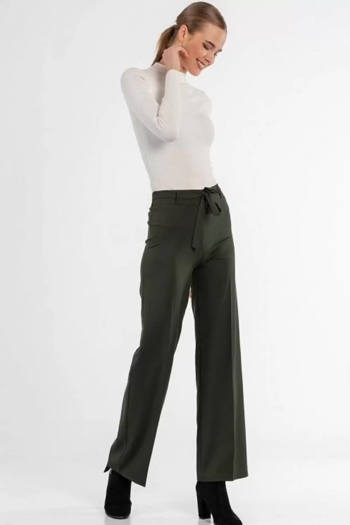 Kuşaklı Bol Paça Haki Kadın Pantolon